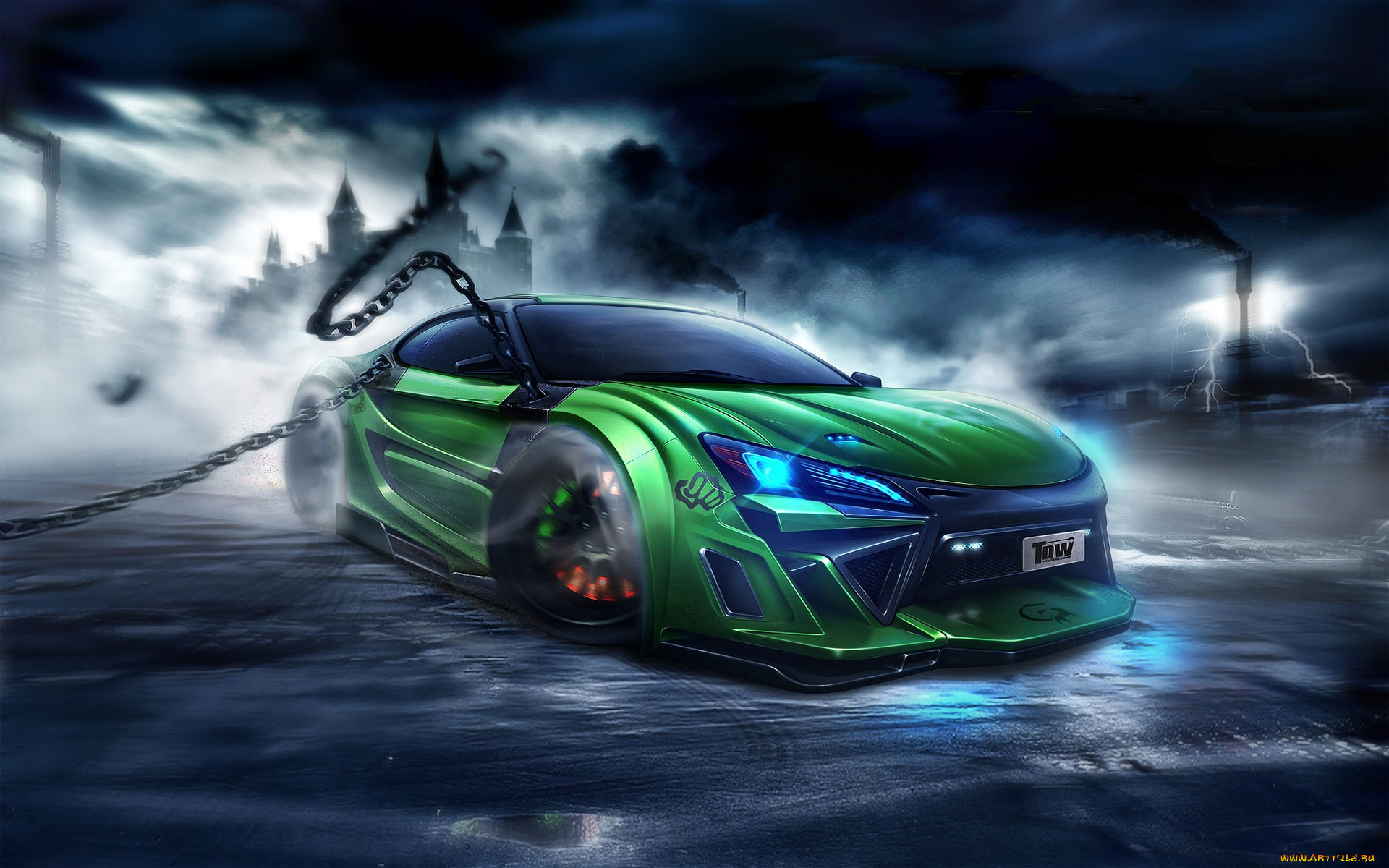 toyota, scion, автомобили, виртуальный, тюнинг, ночь, тучи, авто, цепи