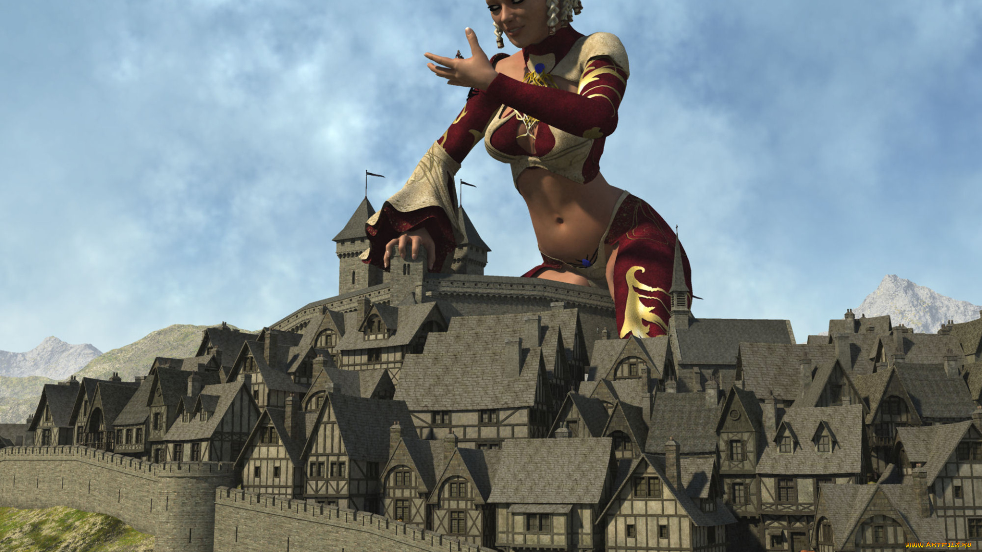 3д, графика, фантазия, , fantasy, дома, фон, взгляд, девушка