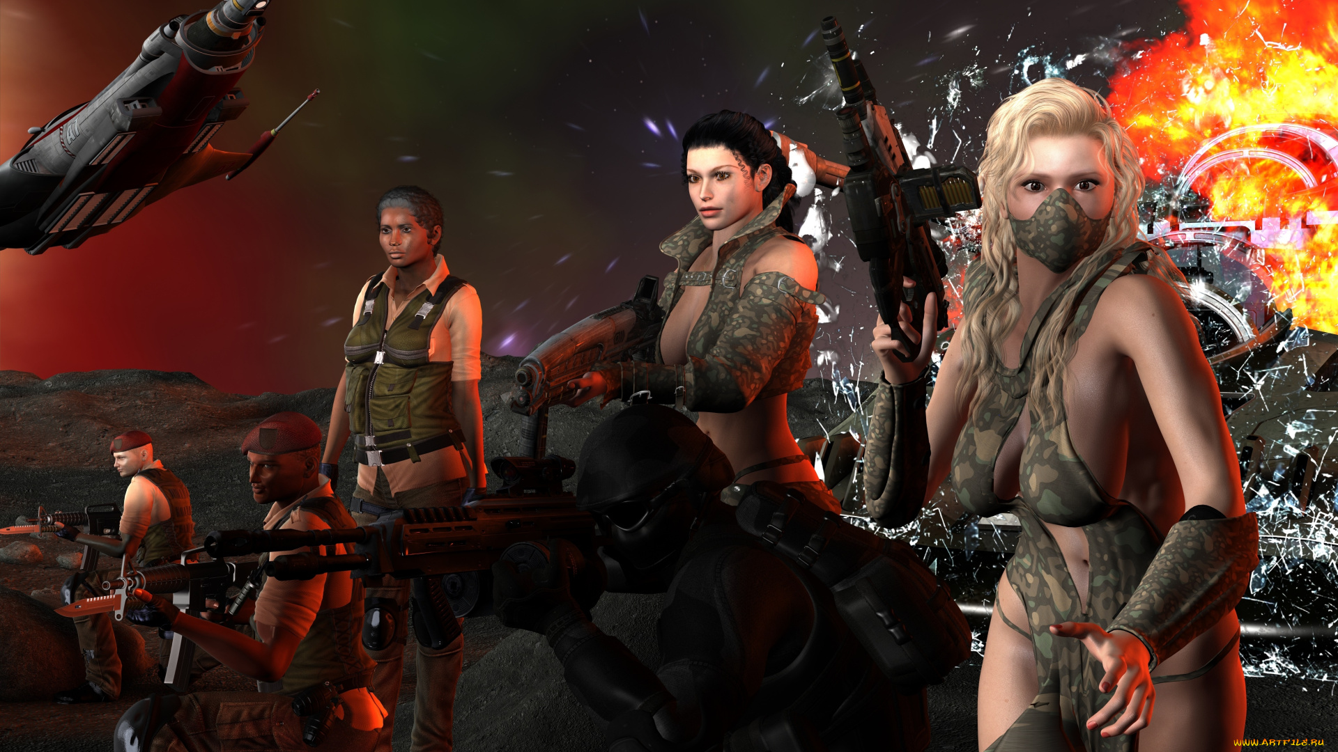 3д, графика, фантазия, , fantasy, фон, оружие, взгляд, девушки, солдаты