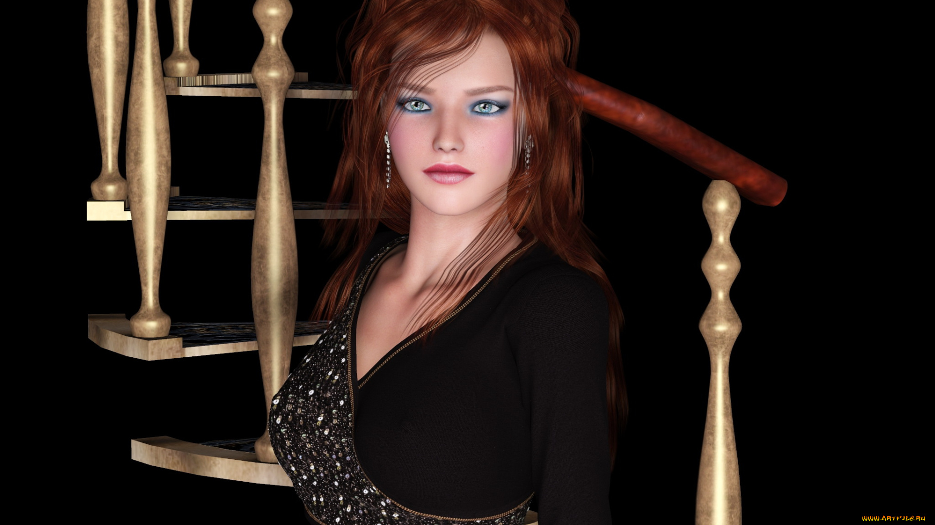 3д, графика, люди, , people, фон, взгляд, девушка, рыжая, лестница