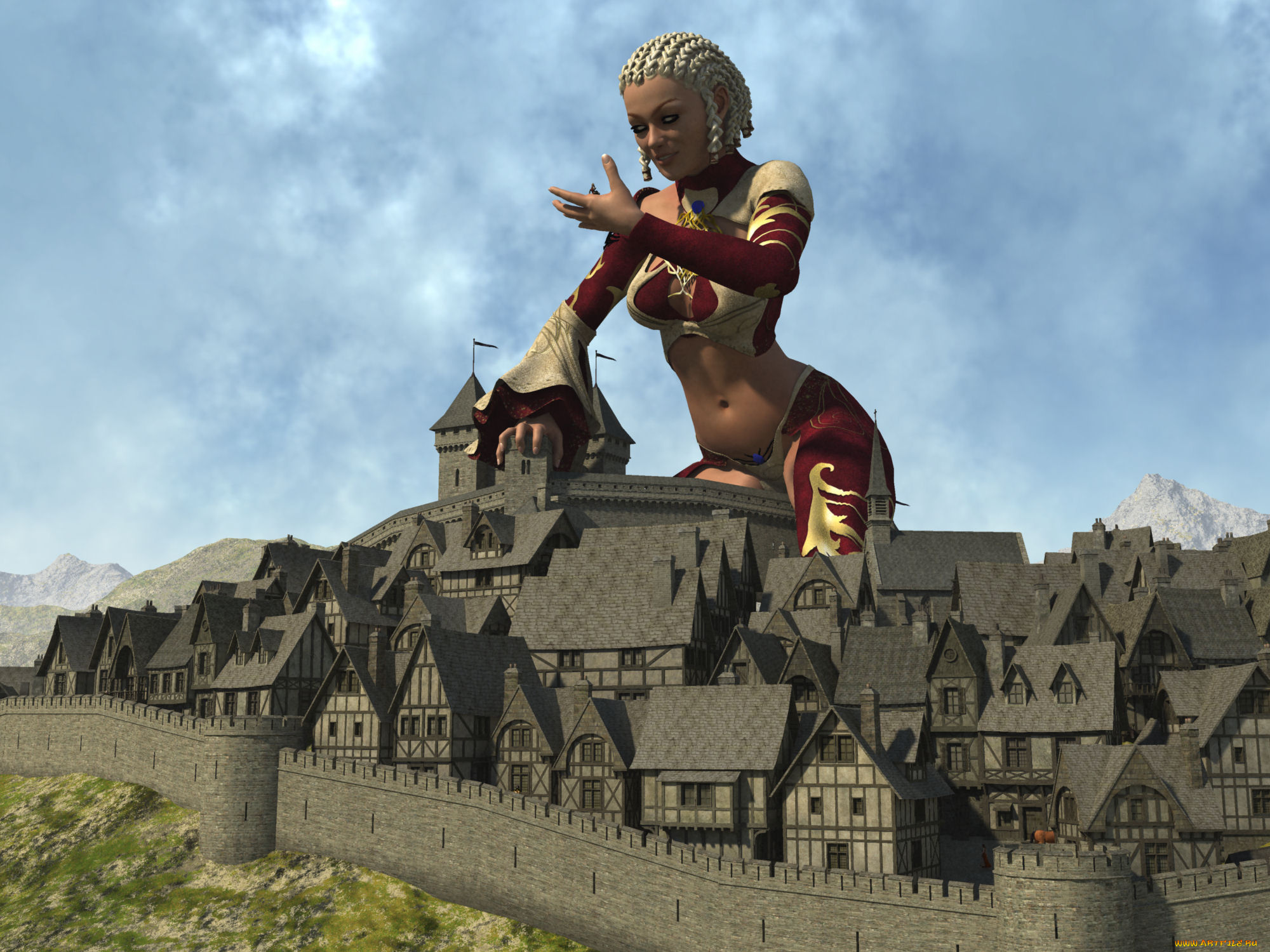 3д, графика, фантазия, , fantasy, дома, фон, взгляд, девушка