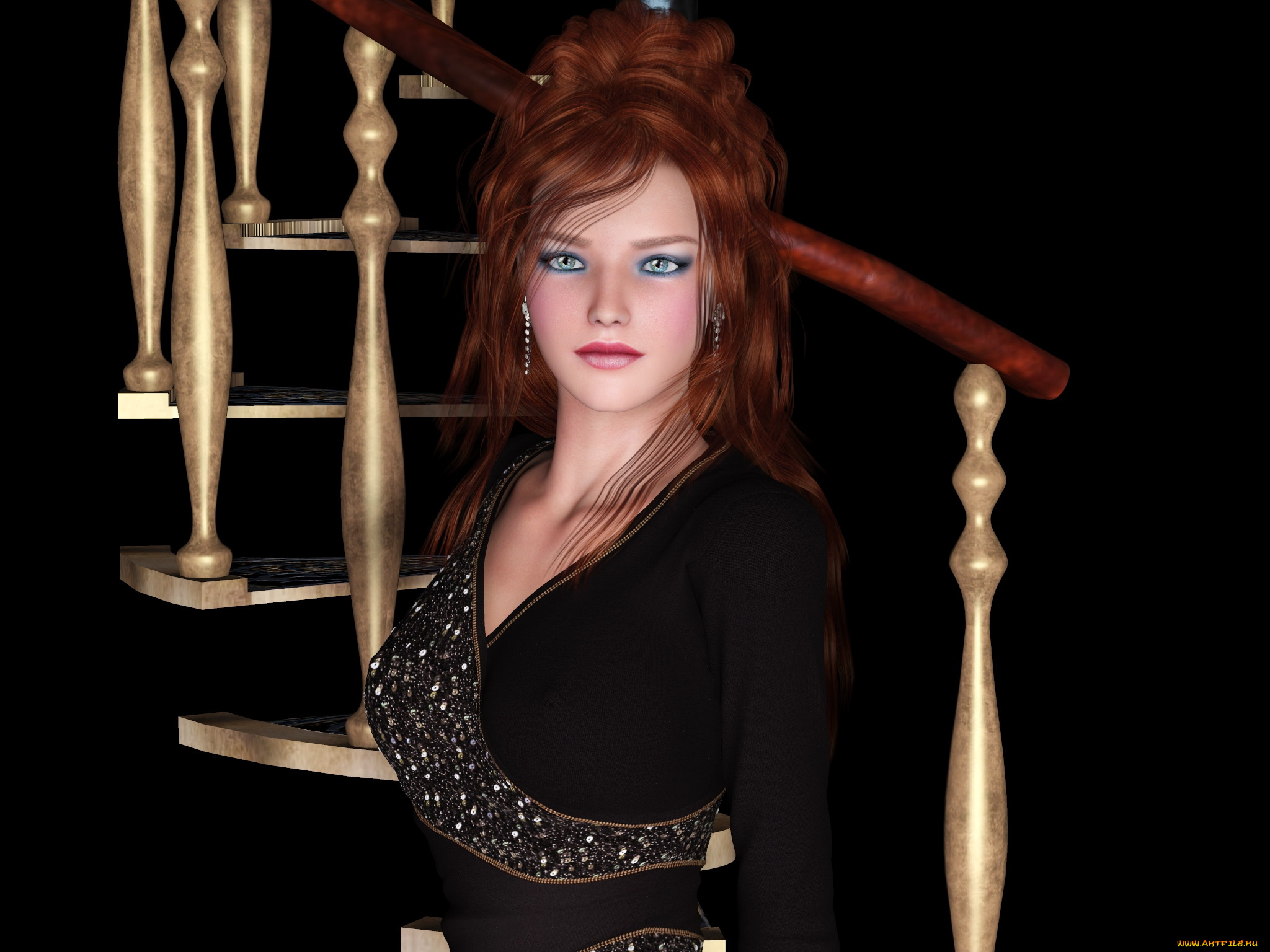 3д, графика, люди, , people, фон, взгляд, девушка, рыжая, лестница