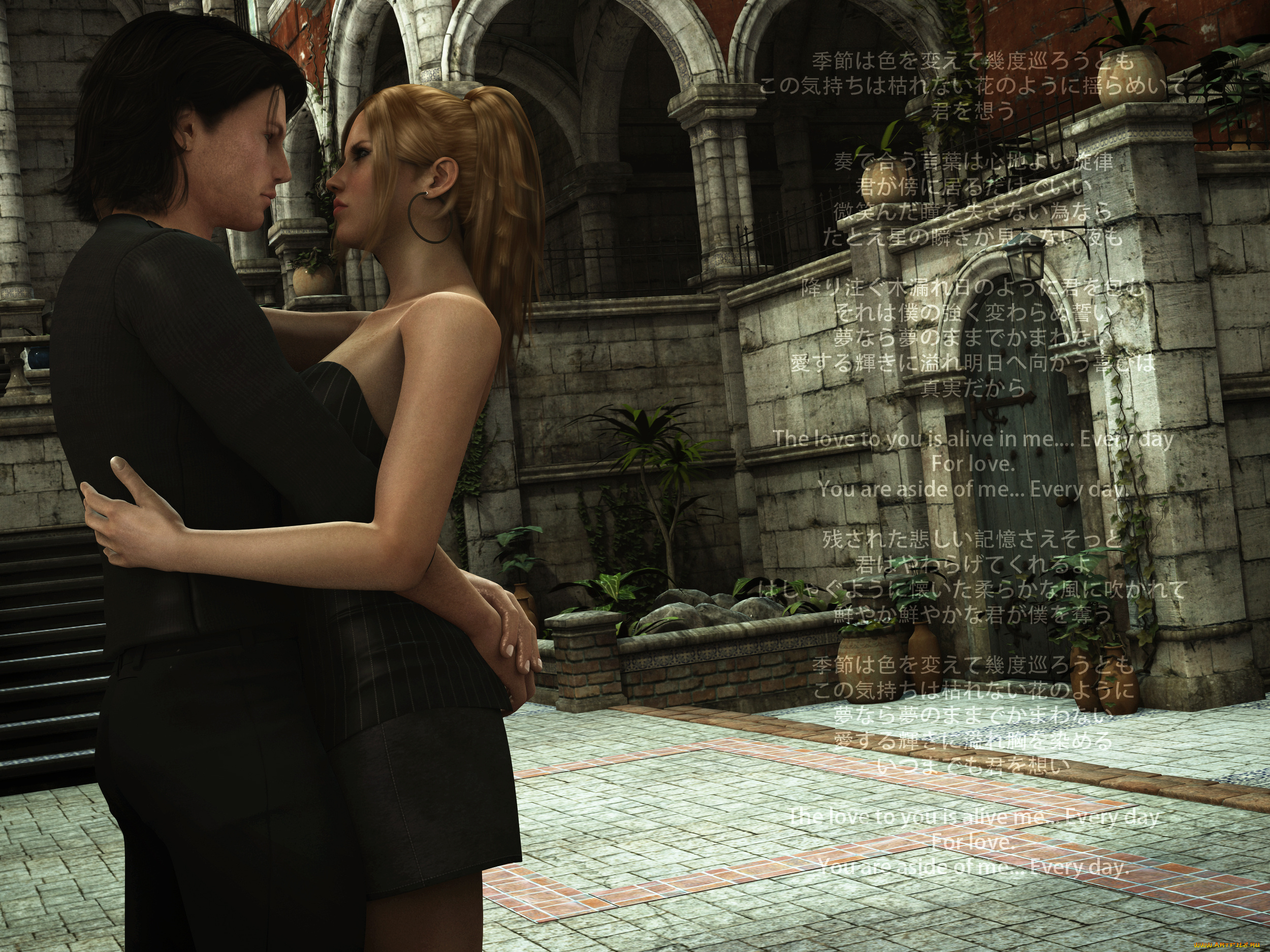 3д, графика, романтика, , romantics, мужчина, фон, взгляд, девушка