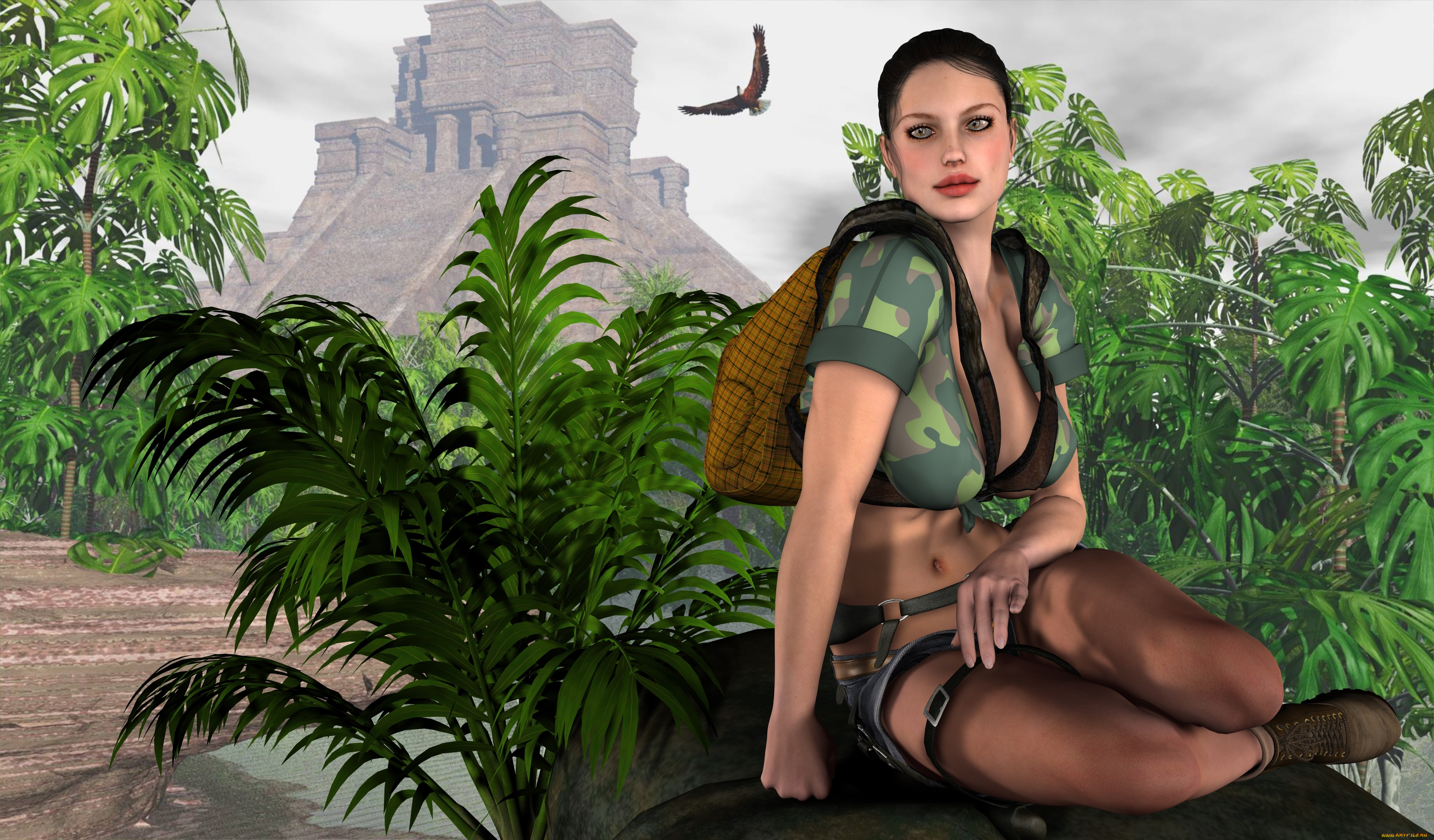 3д, графика, люди, , people, пирамида, растение, фон, взгляд, девушка