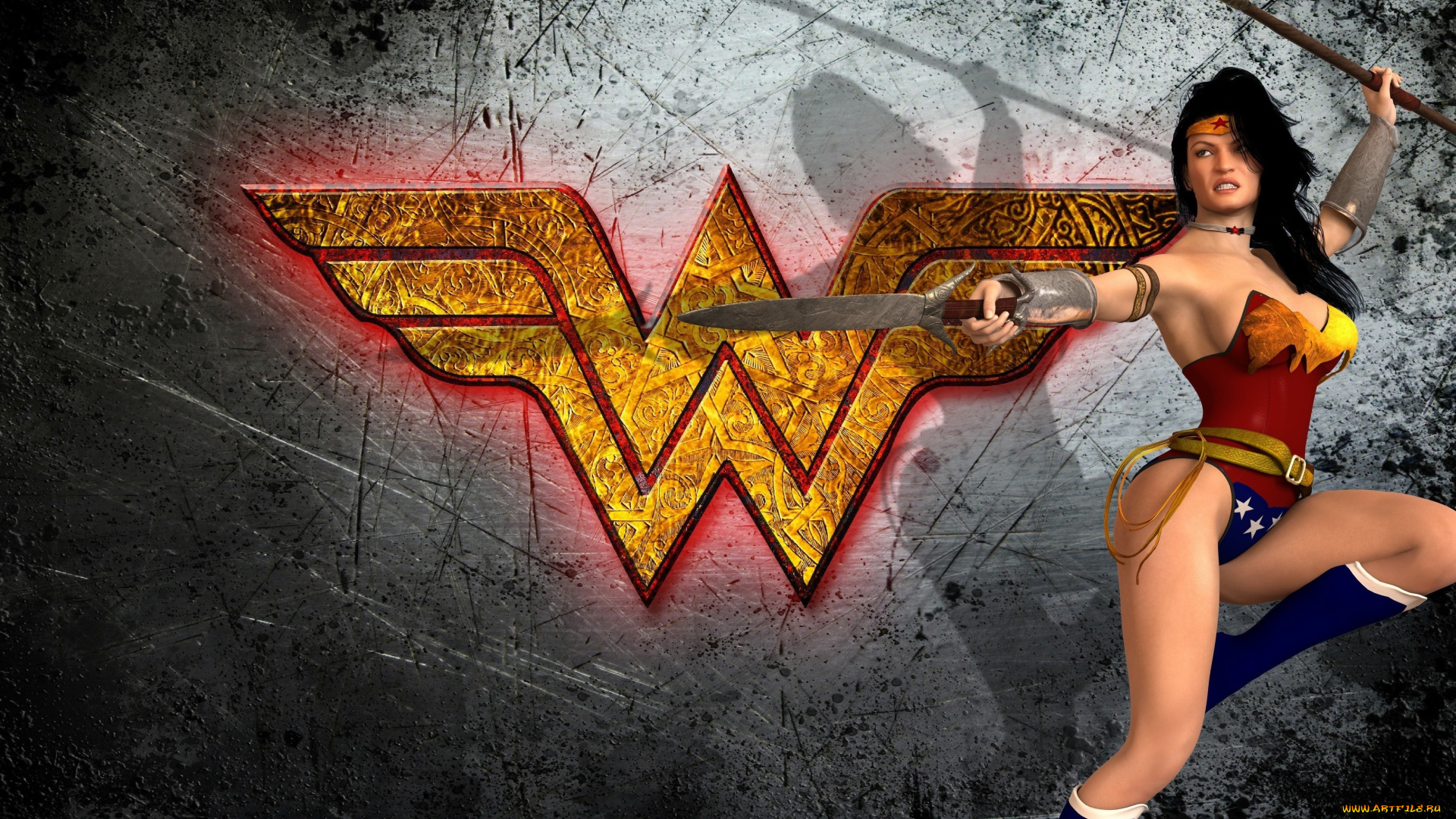 3д, графика, фантазия, , fantasy, девушка, взгляд, фон, супермен, оружие
