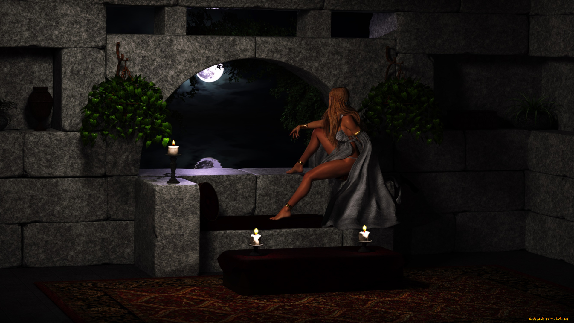 3д, графика, люди, , people, луна, ночь, фон, девушка, взгляд