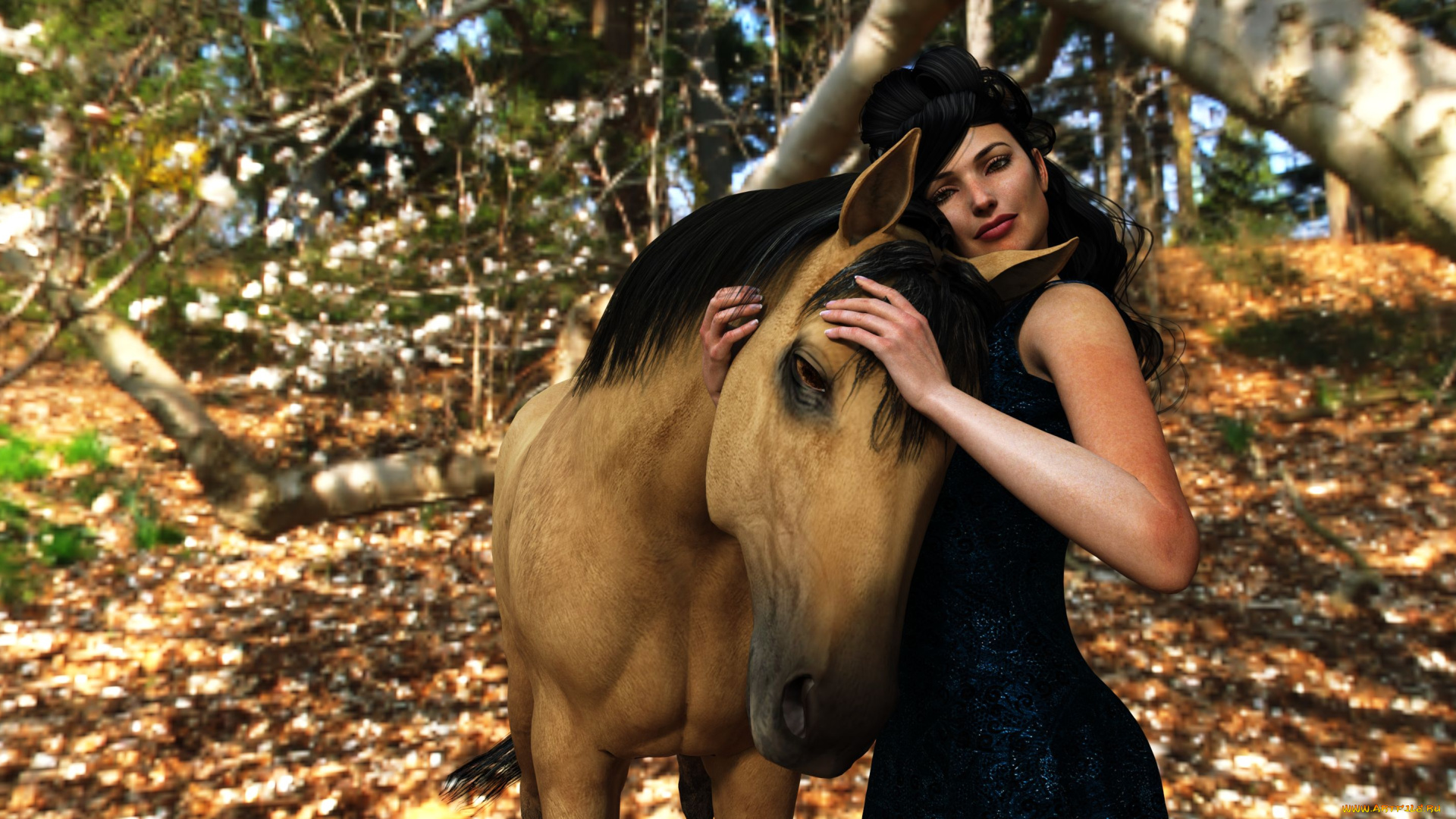 3д, графика, люди, и, животные, , people, and, animals, девушка, взгляд, фон, лошадь