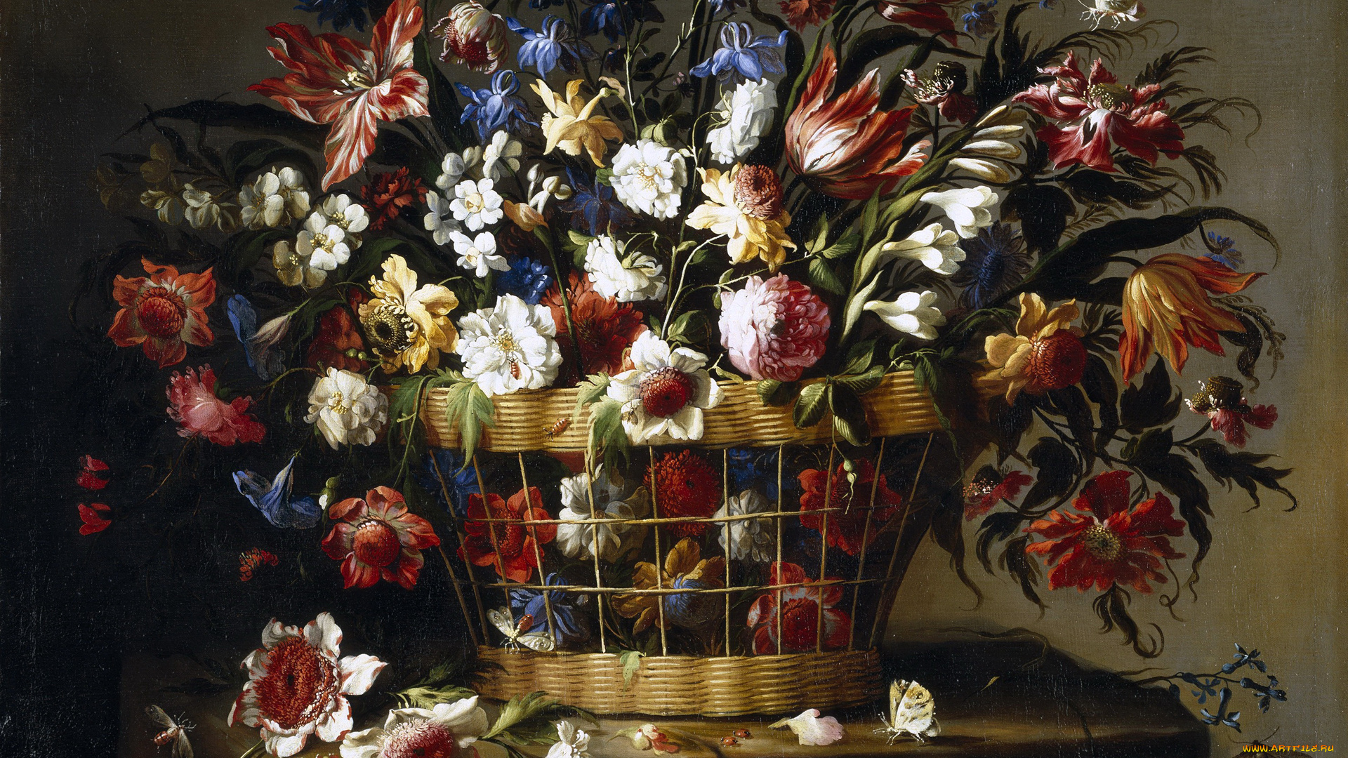 рисованное, живопись, лепестки, корзина, цветов, букет, натюрморт, хуан, де, арельяно