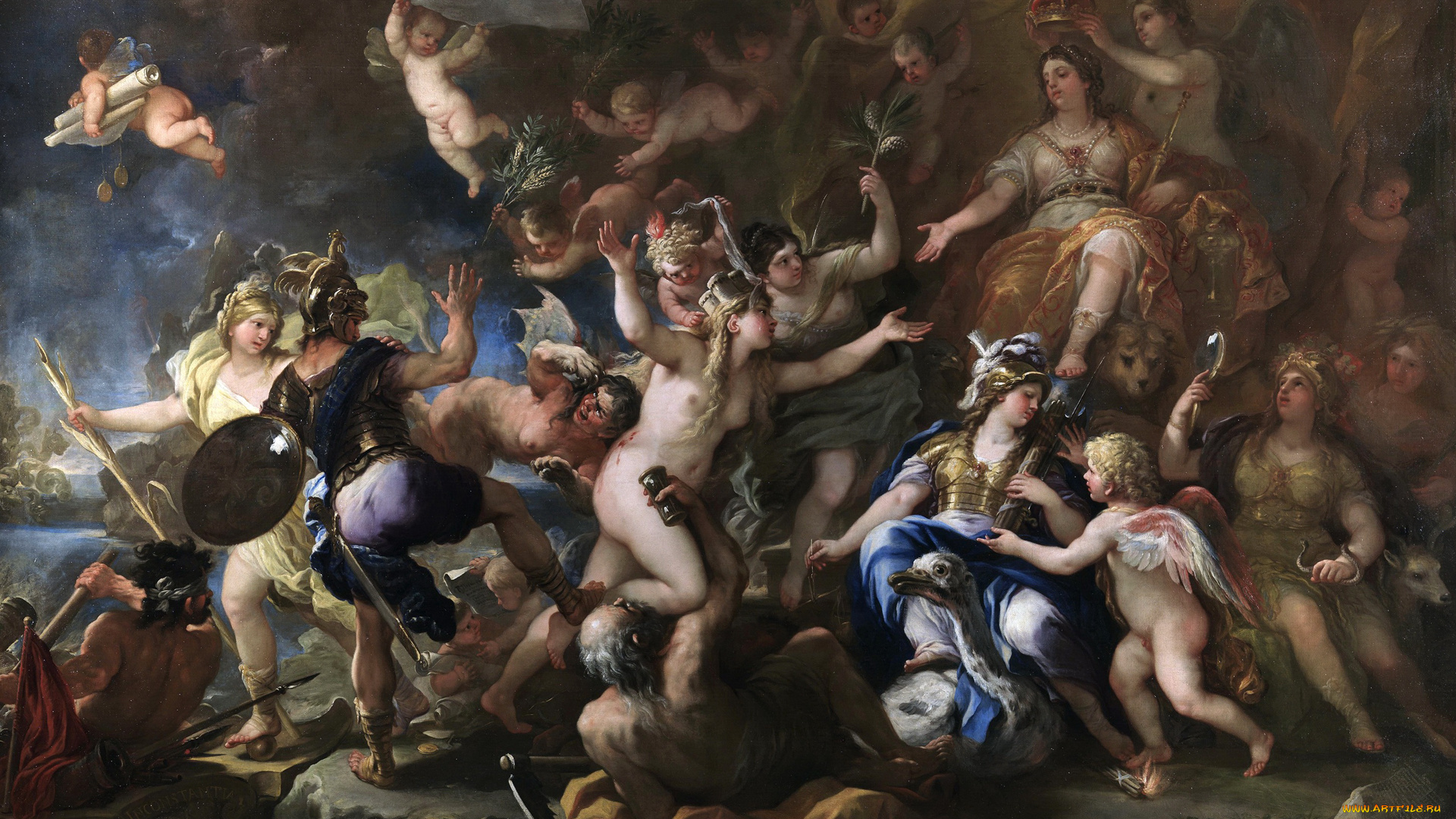 рисованное, живопись, мессина, возвращается, в, испанию, лука, джордано, мифология, картина