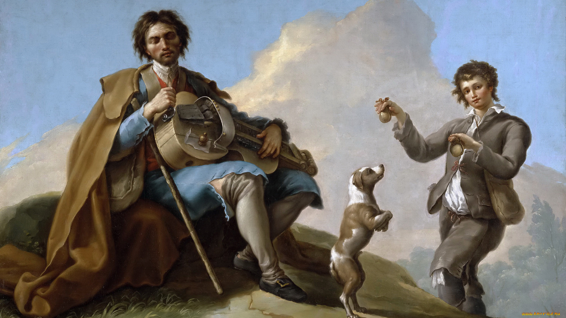 рисованное, живопись, рамон, байеу, и, субиас, собака, люди, жанровая, картина, слепой, музыкант