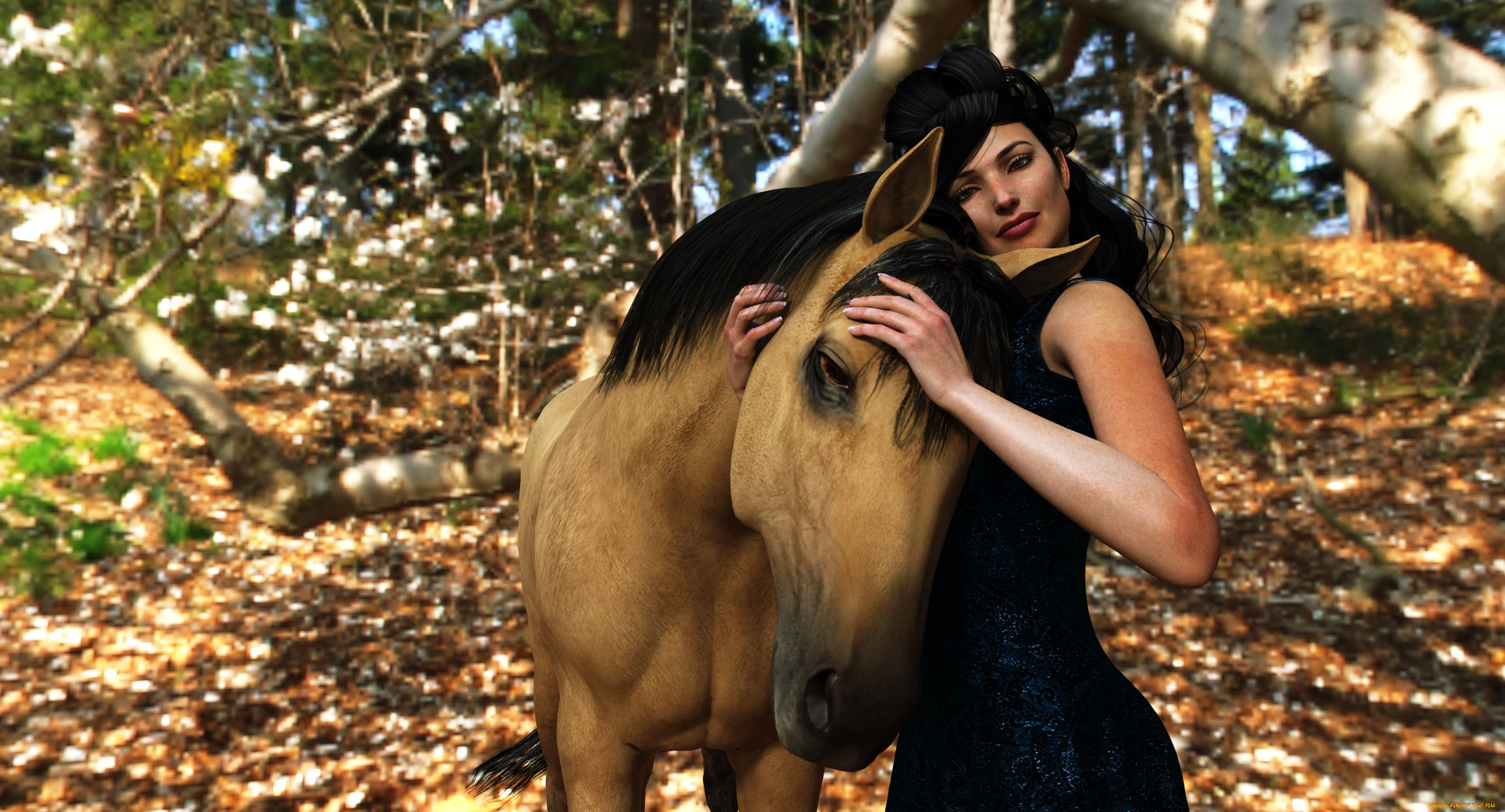 3д, графика, люди, и, животные, , people, and, animals, девушка, взгляд, фон, лошадь