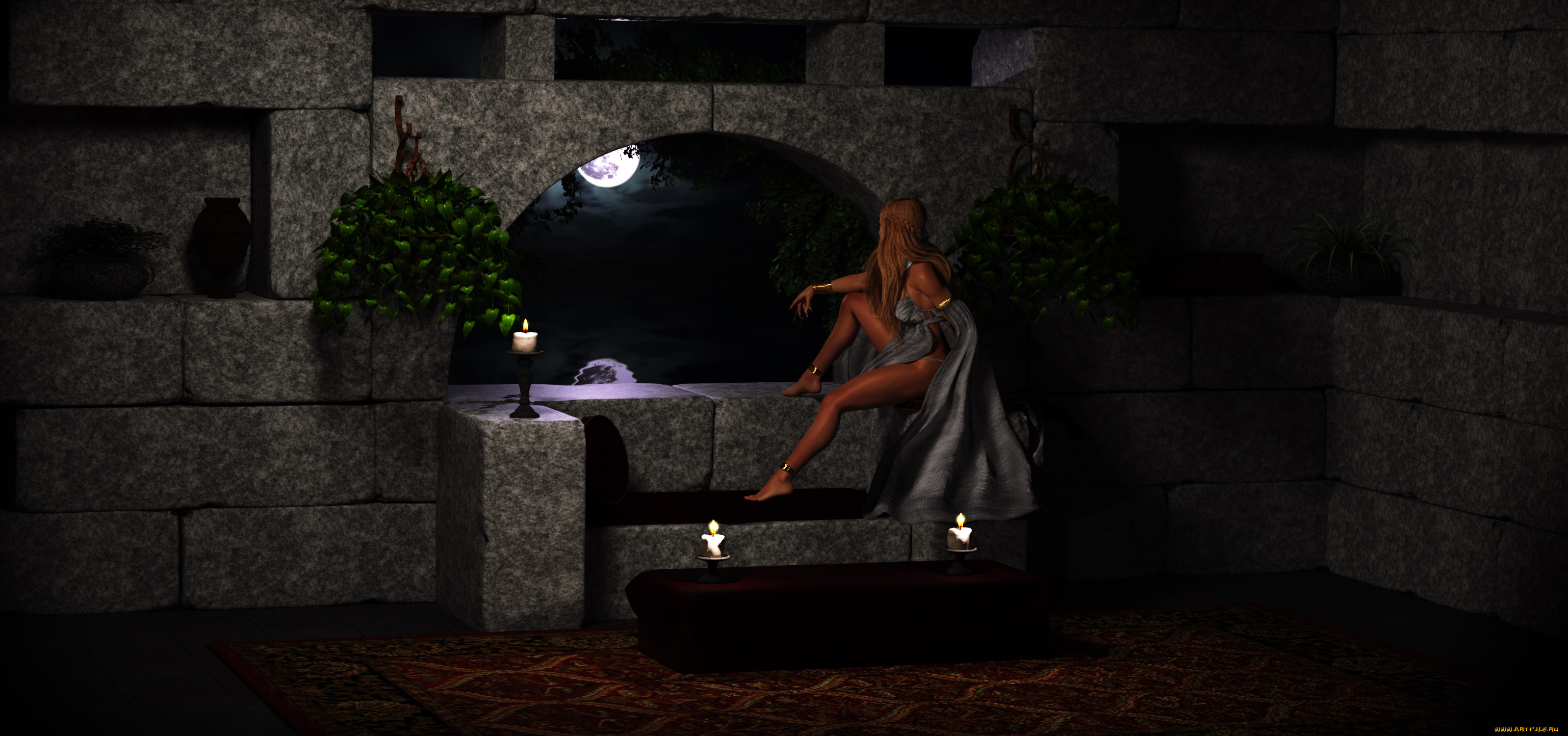 3д, графика, люди, , people, луна, ночь, фон, девушка, взгляд