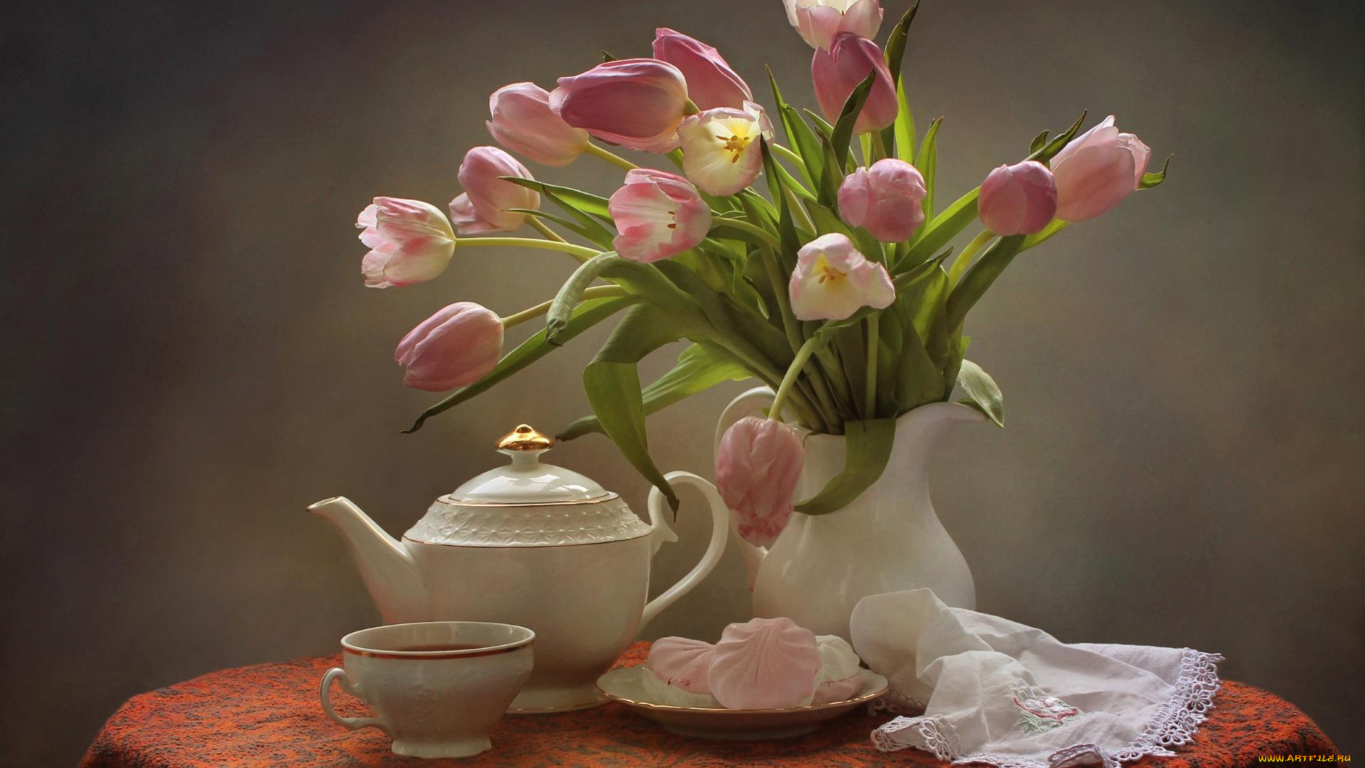 еда, натюрморт, зефир, чай, тюльпаны, букет