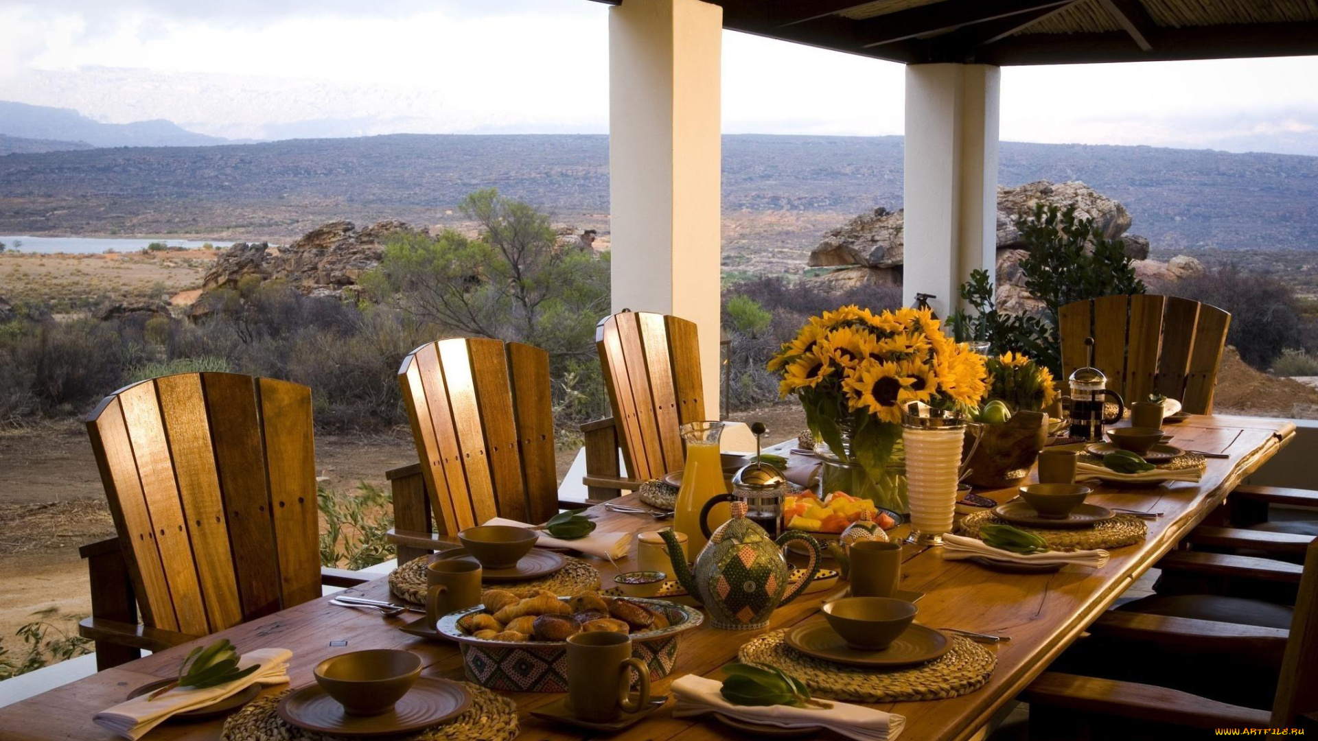 еда, сервировка, веранда, пейзаж, приборы, цветы