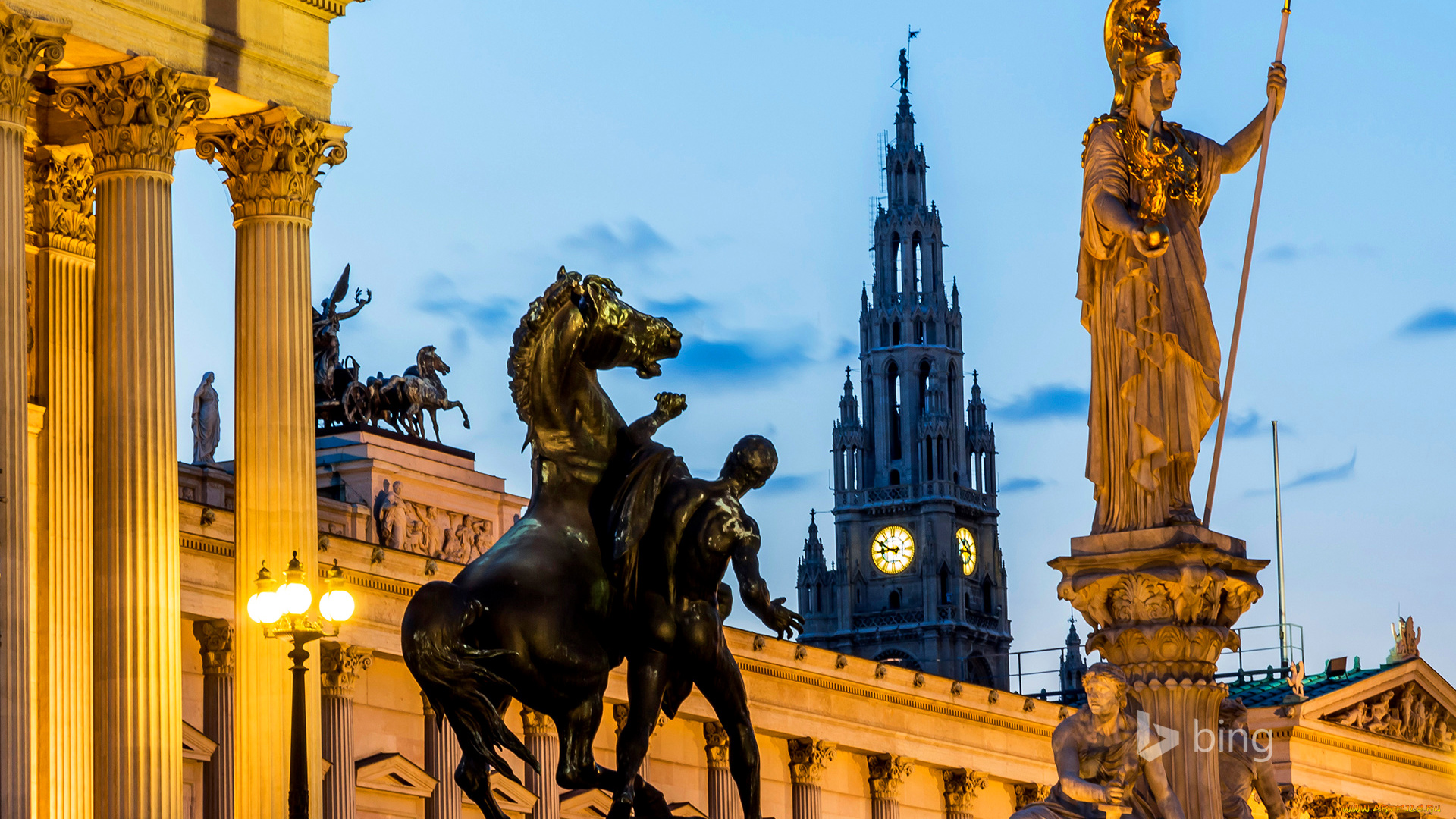города, вена, , австрия, вена, ратуша, статуя, богини, афины, паллады, парламент, башня
