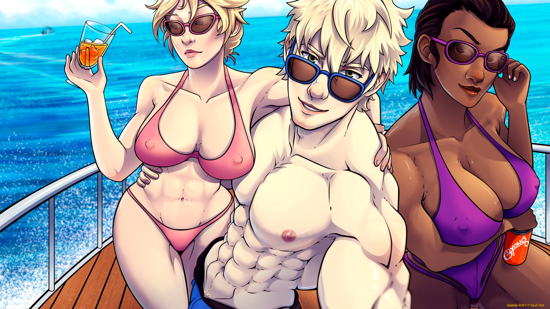рисованное, люди, блондинка, лодка, очки, вода, девушка, грудь, лето, афро, черная, купальник, парень