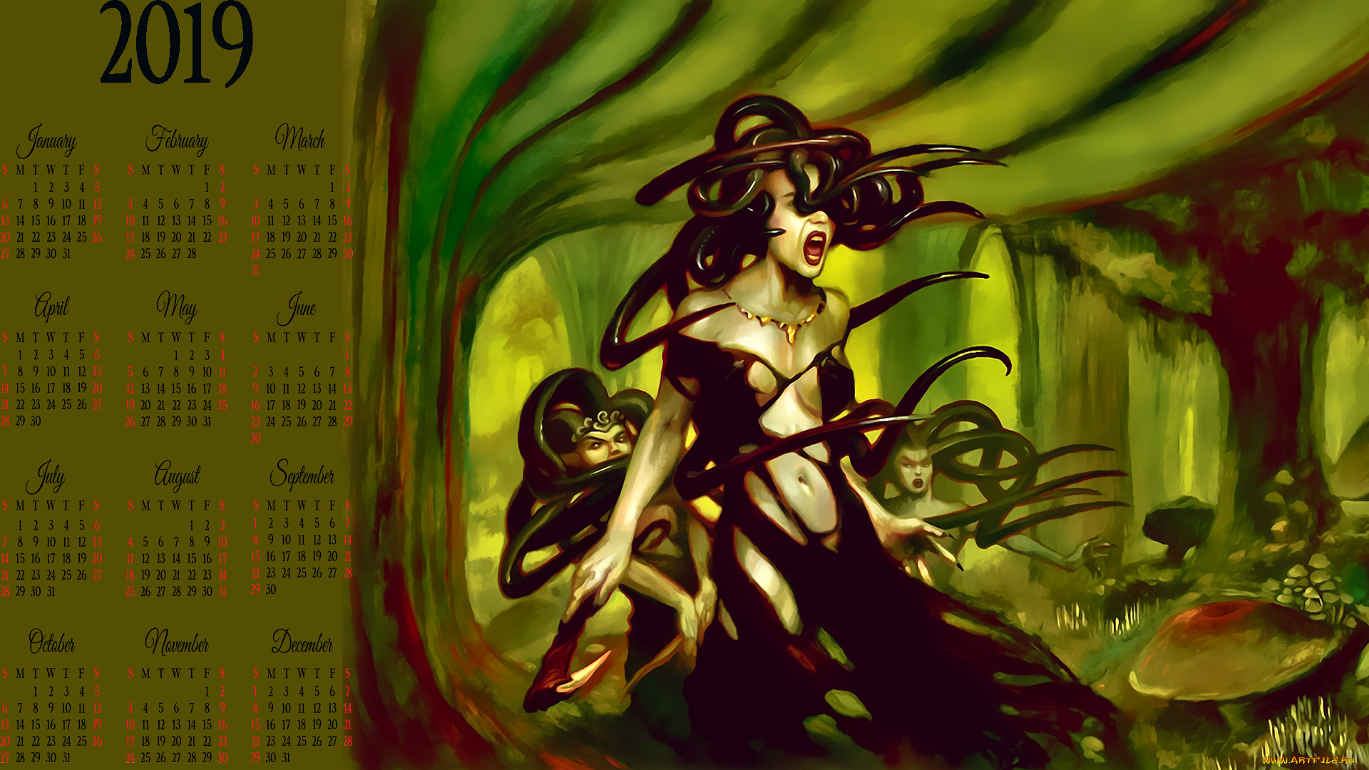 календари, фэнтези, дерево, змея, существо, лес