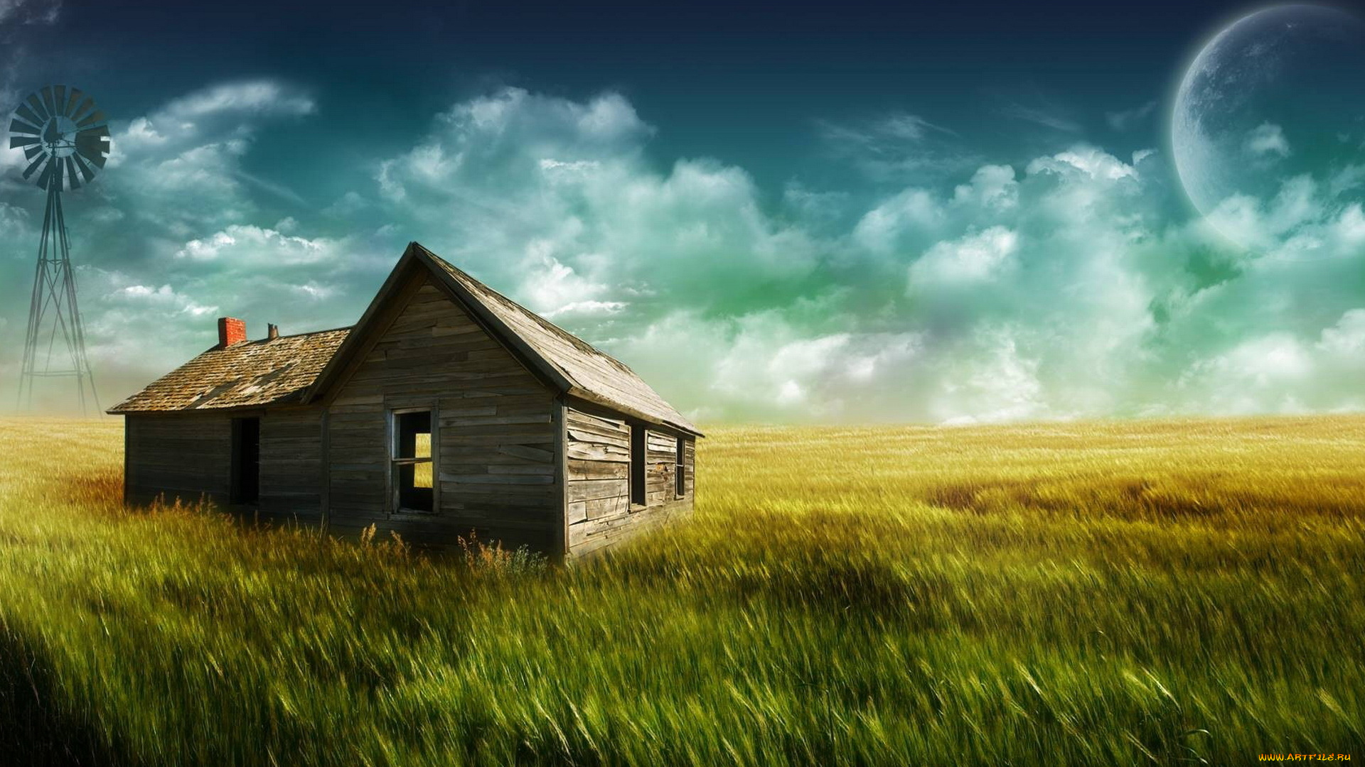 3д, графика, атмосфера, настроение, , atmosphere, , , mood, , дом, поле, небо, облака, планета, ветряк