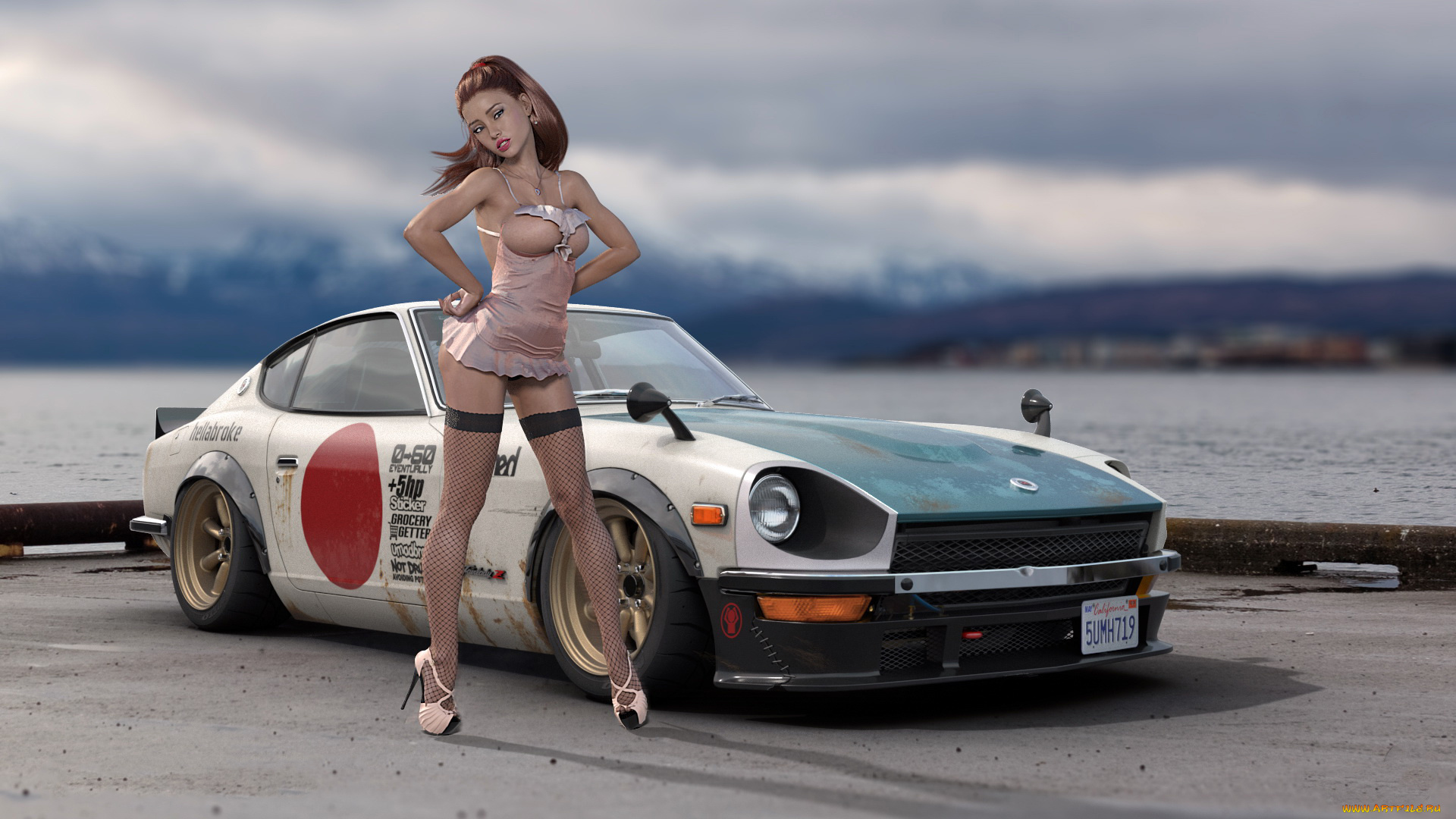 3д, графика, люди-авто, мото, , people-, car, , , moto, девушка, фон, взгляд, авомобиль, платье, чулки