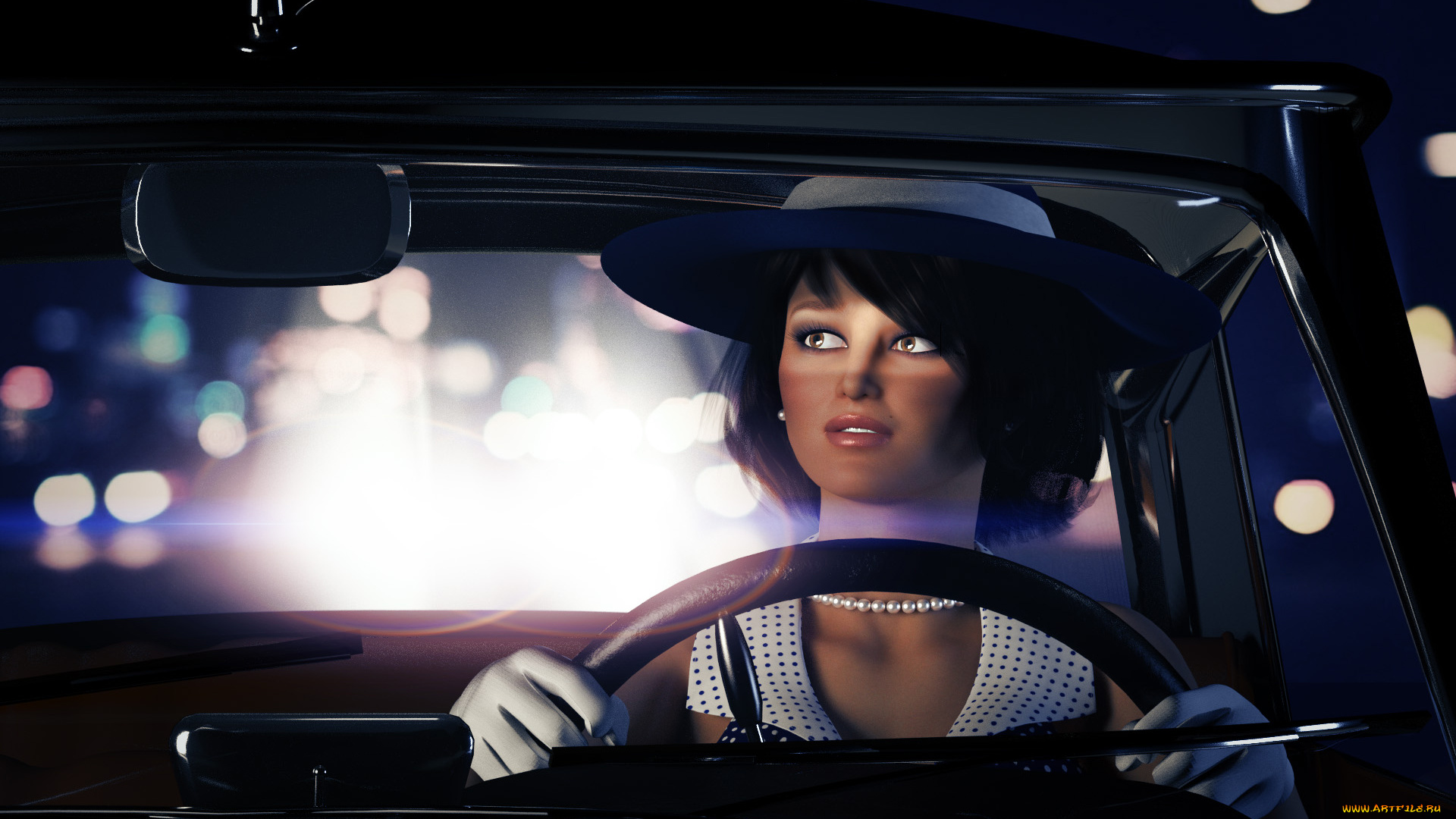 3д, графика, люди-авто, мото, , people-, car, , , moto, девушка, фон, взгляд, шляпа, руль, ожерелье