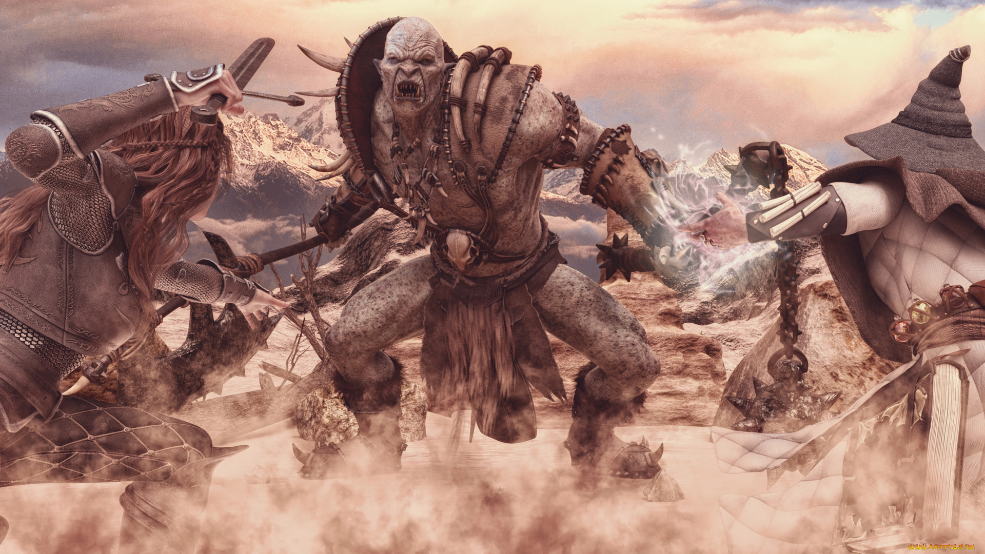 3д, графика, ужас, , horror, орк, фон, люди, бой