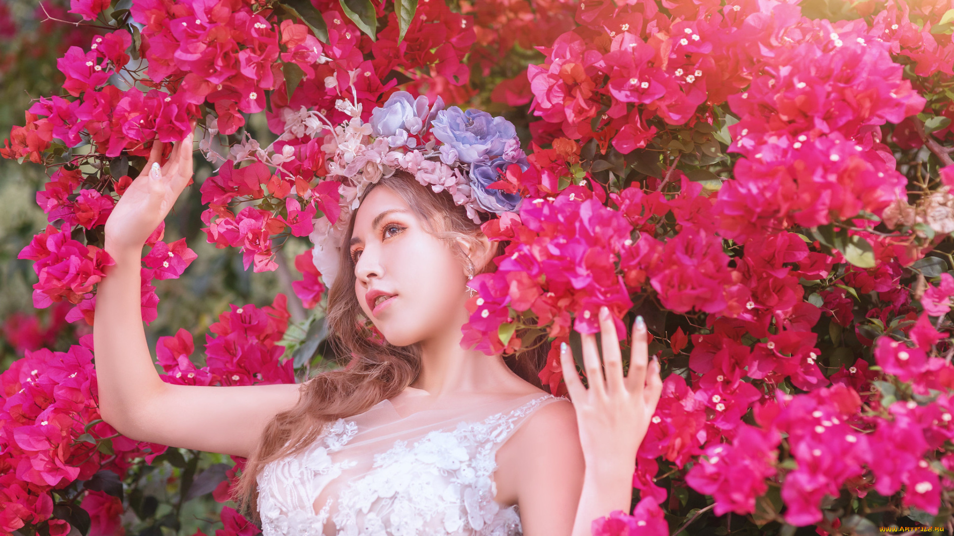 девушки, -, азиатки, девушка, азиатка, цветы, венок, лицо