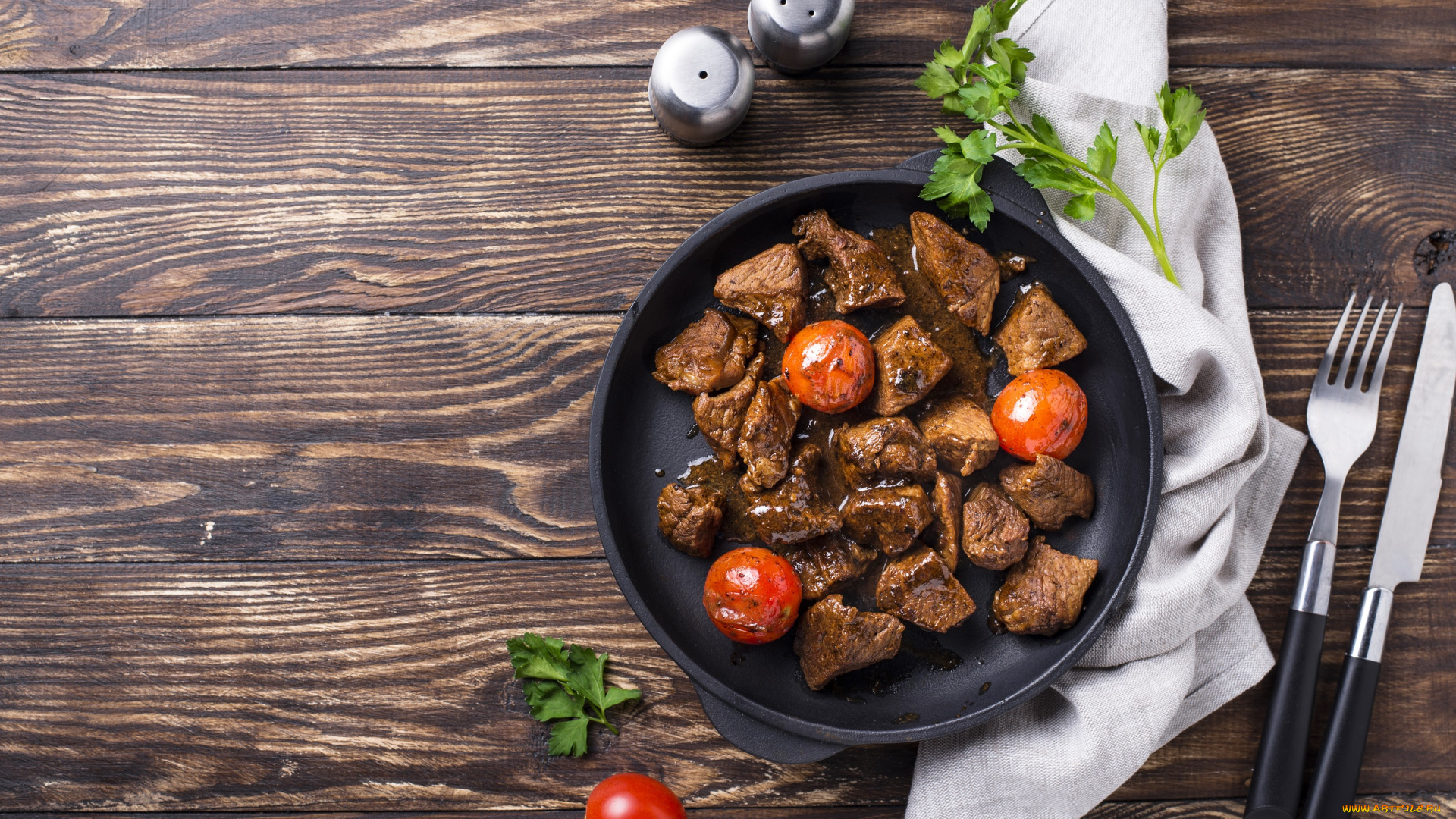 еда, мясные, блюда, мясо, помидоры, зелень