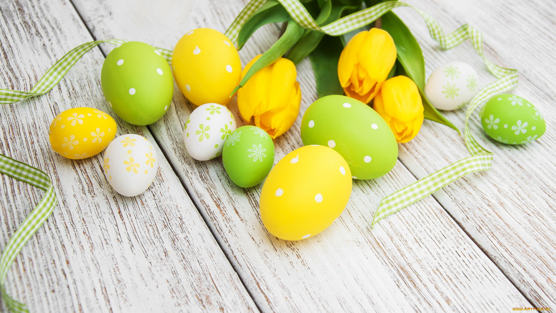 праздничные, пасха, цветы, яйца, букет, желтые, colorful, тюльпаны, happy, yellow, wood, flowers, tulips, easter, eggs, decoration
