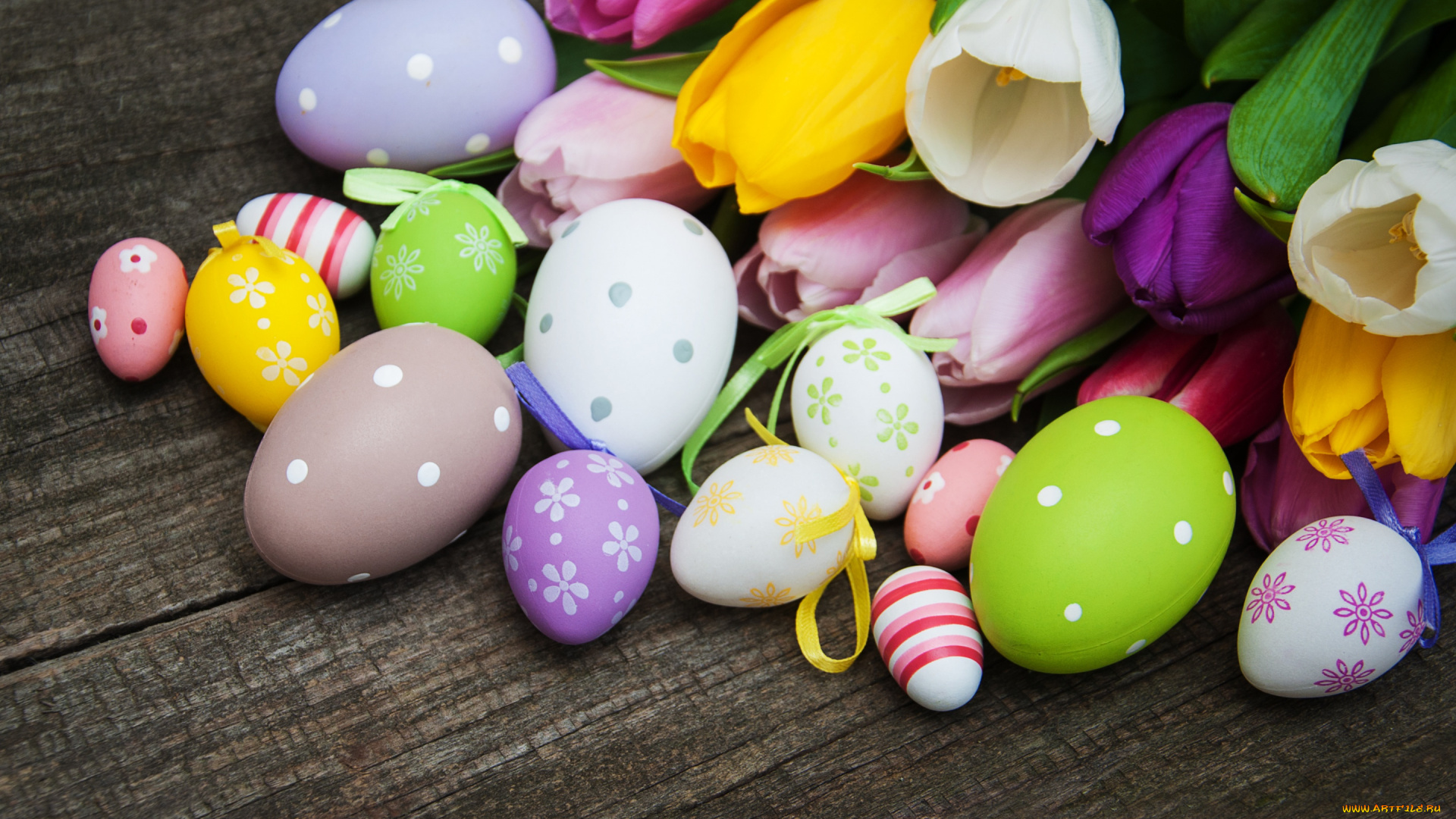 праздничные, пасха, цветы, яйца, colorful, тюльпаны, happy, wood, pink, flowers, tulips, easter, purple, eggs, decoration