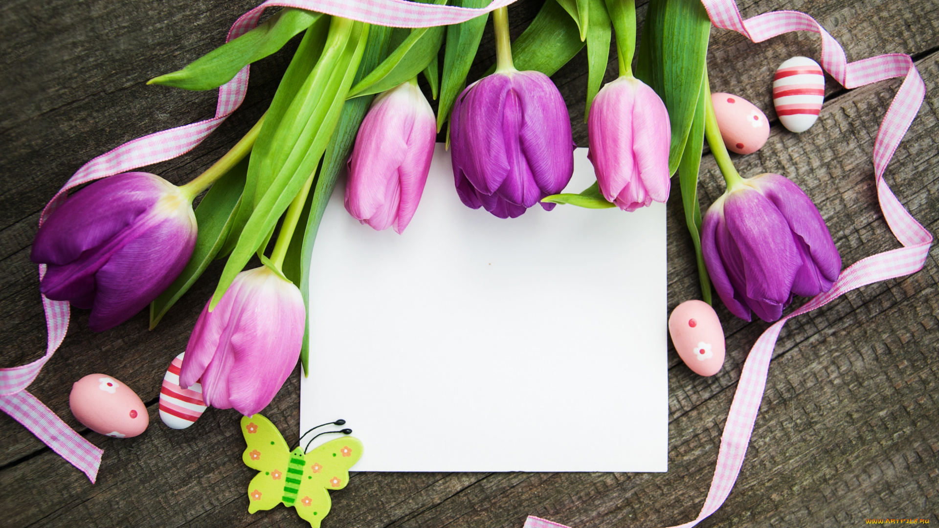 праздничные, пасха, цветы, яйца, colorful, тюльпаны, happy, wood, pink, flowers, tulips, easter, purple, eggs, decoration