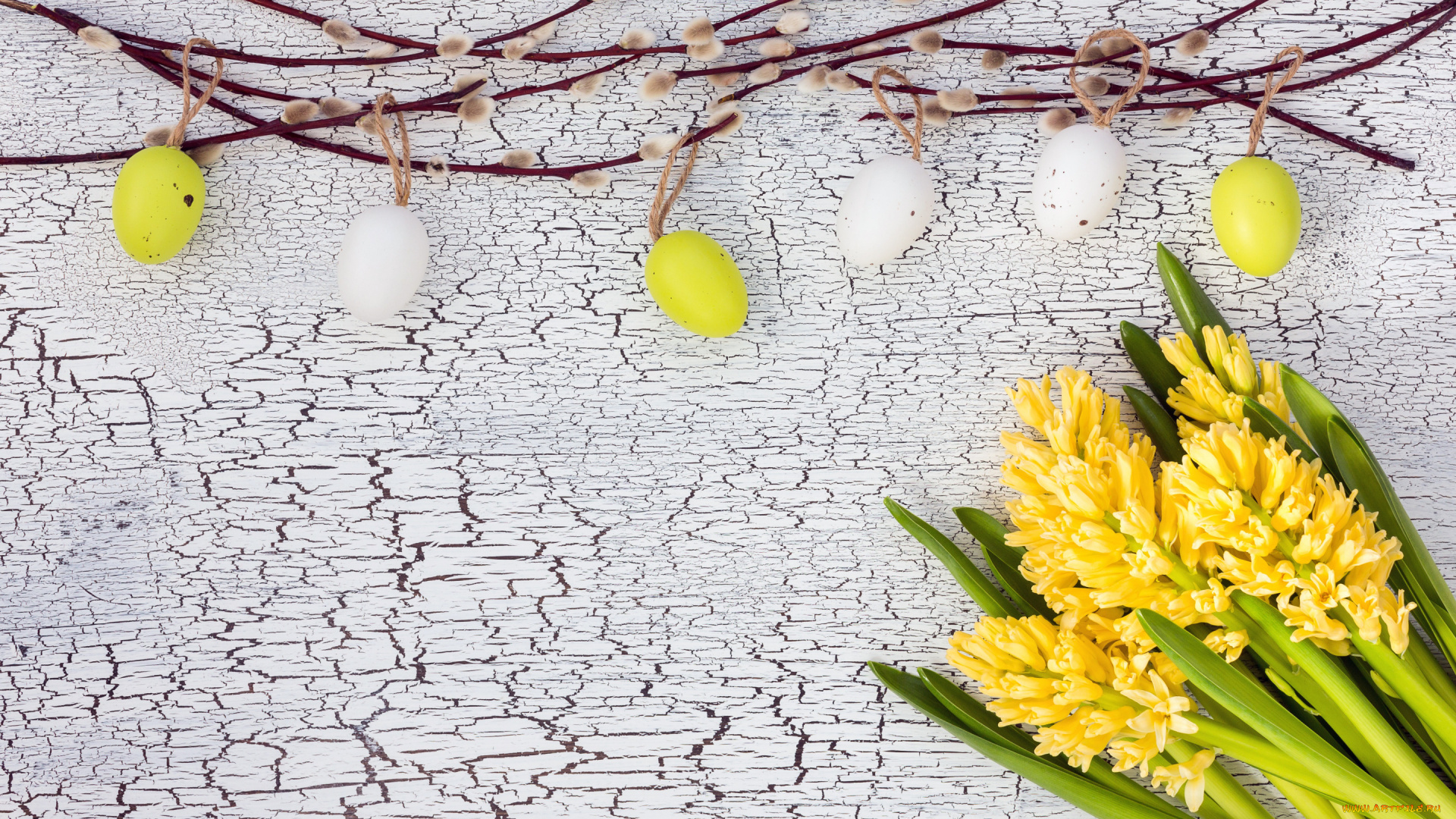 праздничные, пасха, цветы, яйца, colorful, happy, yellow, wood, верба, flowers, easter, eggs, decoration, hyacinth