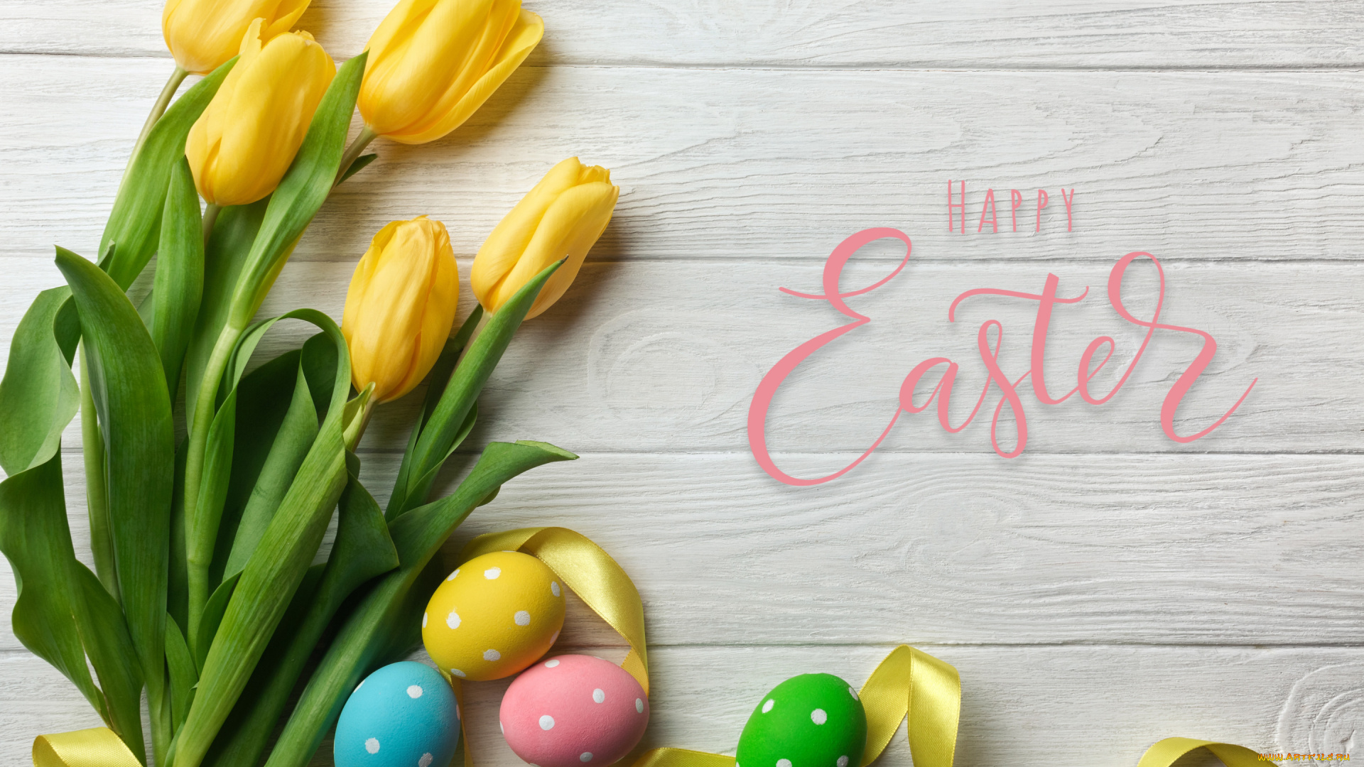праздничные, пасха, яйца, букет, желтые, colorful, тюльпаны, happy, yellow, wood, flowers, tulips, easter, eggs, decoration