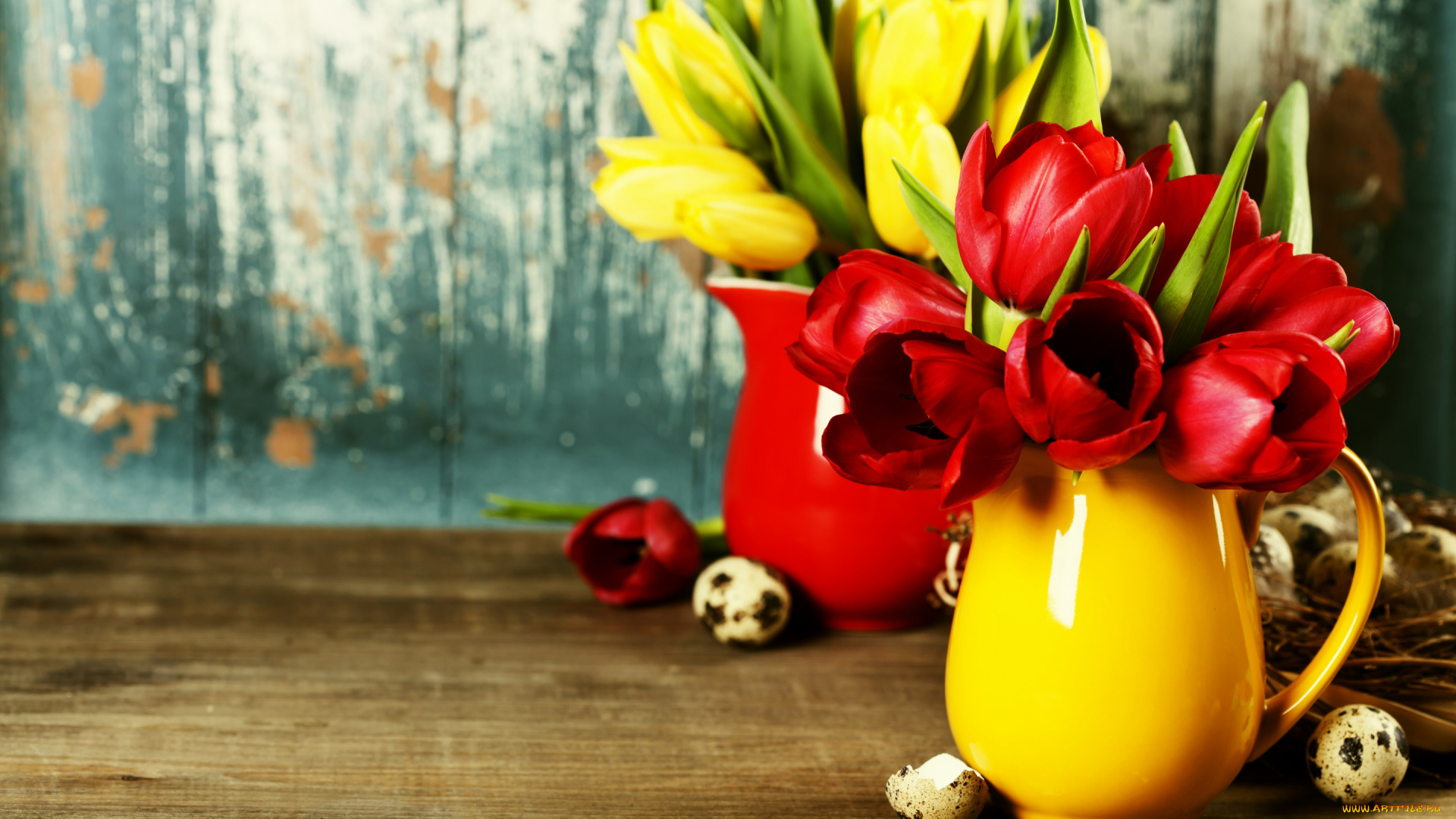 праздничные, пасха, желтые, тюльпаны, красные, вазы, букеты