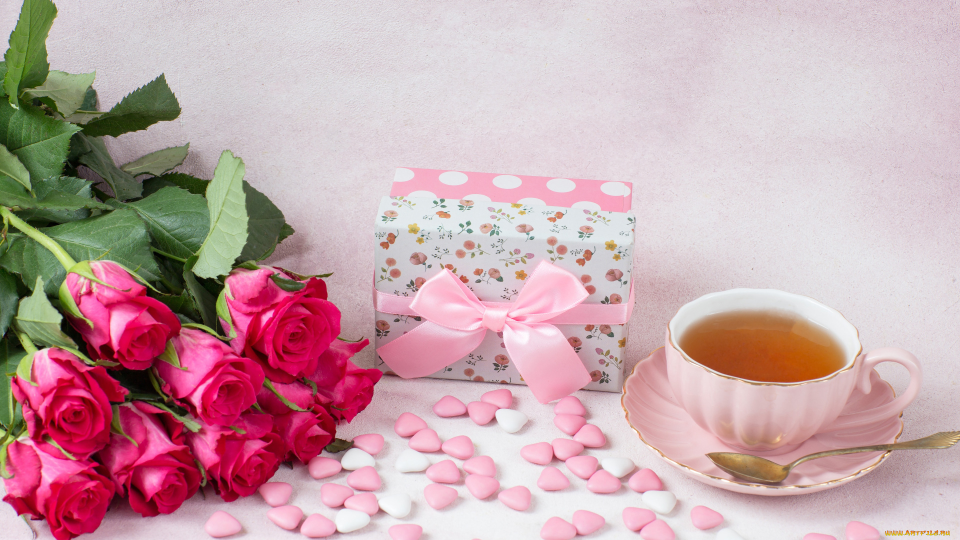 праздничные, подарки, и, коробочки, подарок, чай, розы, чашка, сердечки, розовые