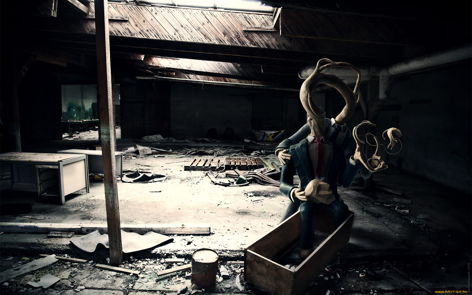 3д, графика, фантазия, , fantasy, развалины, ящик, существо