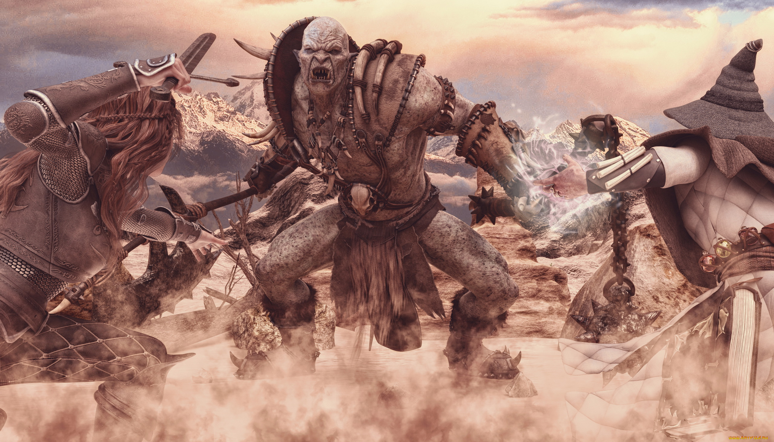 3д, графика, ужас, , horror, орк, фон, люди, бой