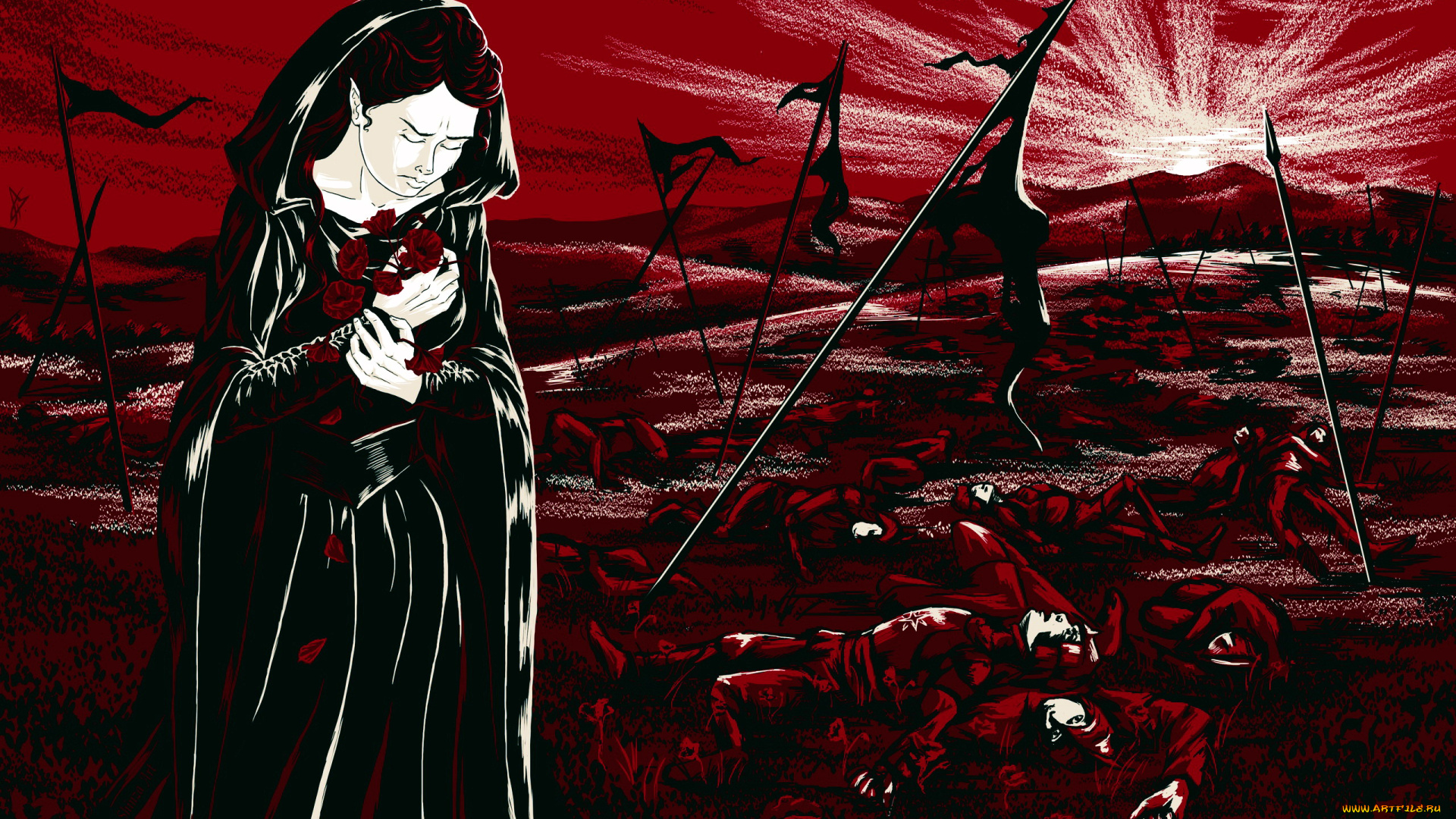 фэнтези, эльфы, эльфийка, капюшон, цветы, поле, боя, трупы