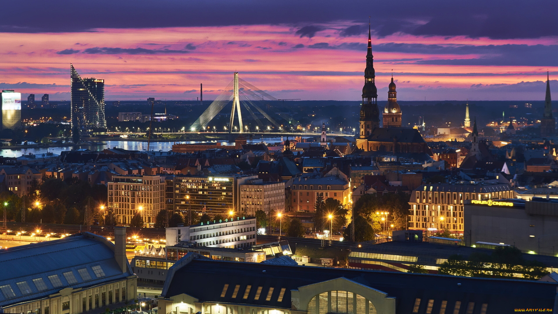 города, рига, , латвия, панорама, вечер, огни