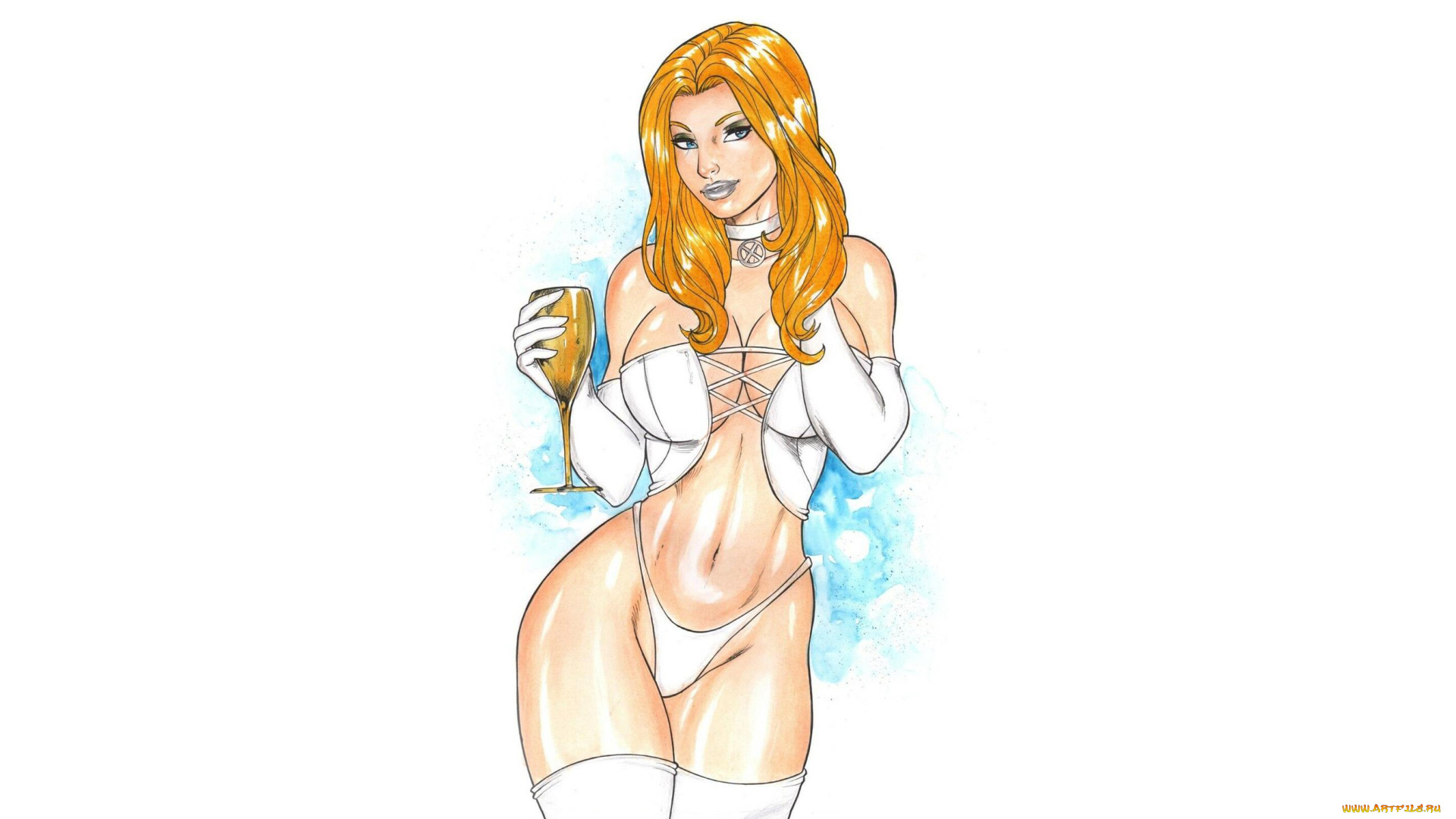 рисованное, elberty, oliveira, девушка, фон, взгляд, чулки, корсет, бокал