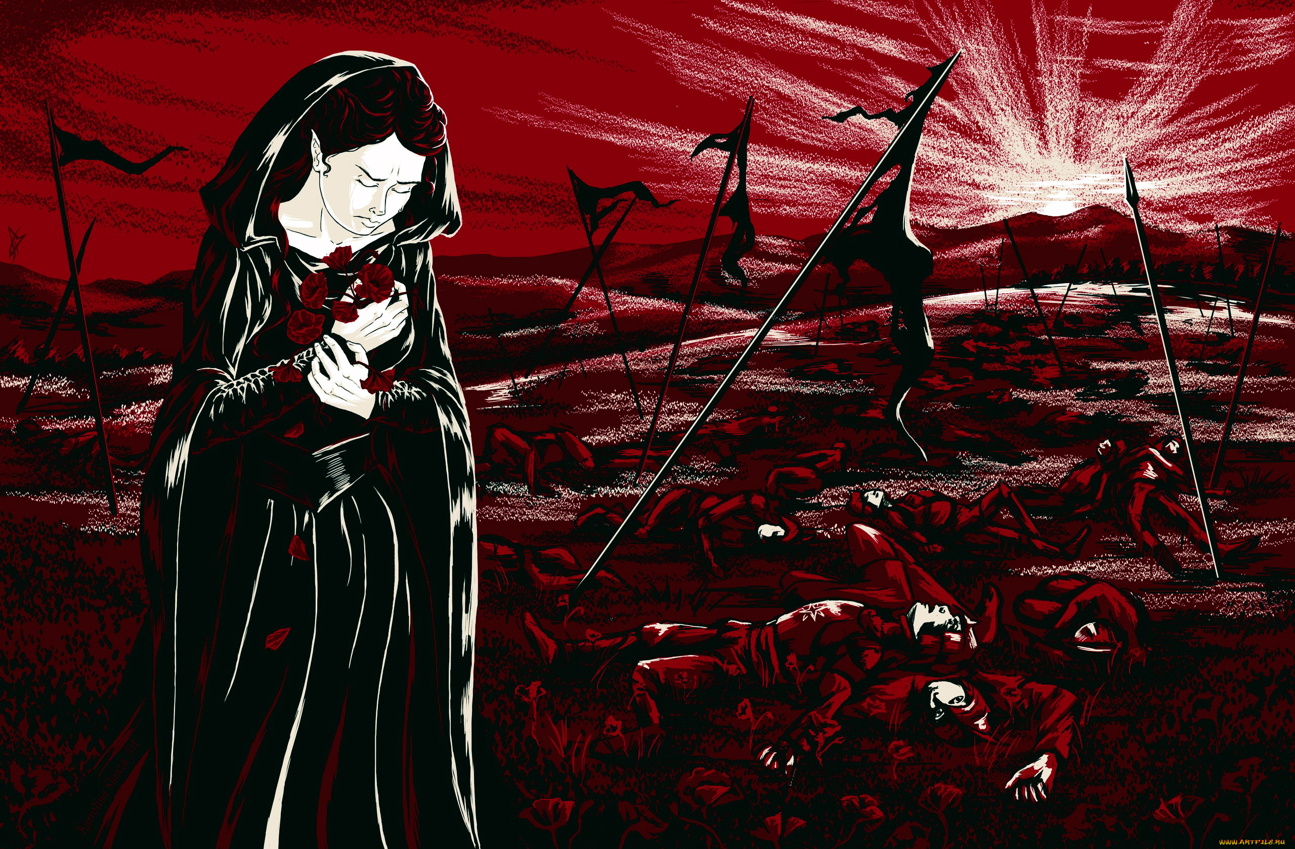 фэнтези, эльфы, эльфийка, капюшон, цветы, поле, боя, трупы