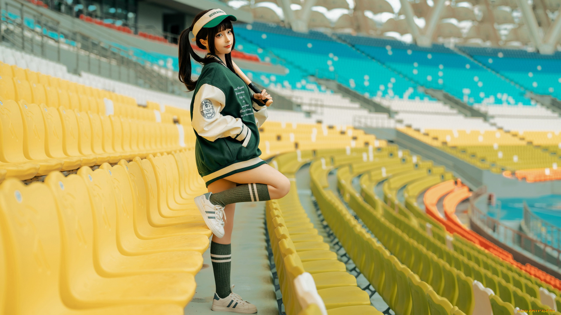 девушки, chun, momo, азиатка, стадион, бейсбольная, форма