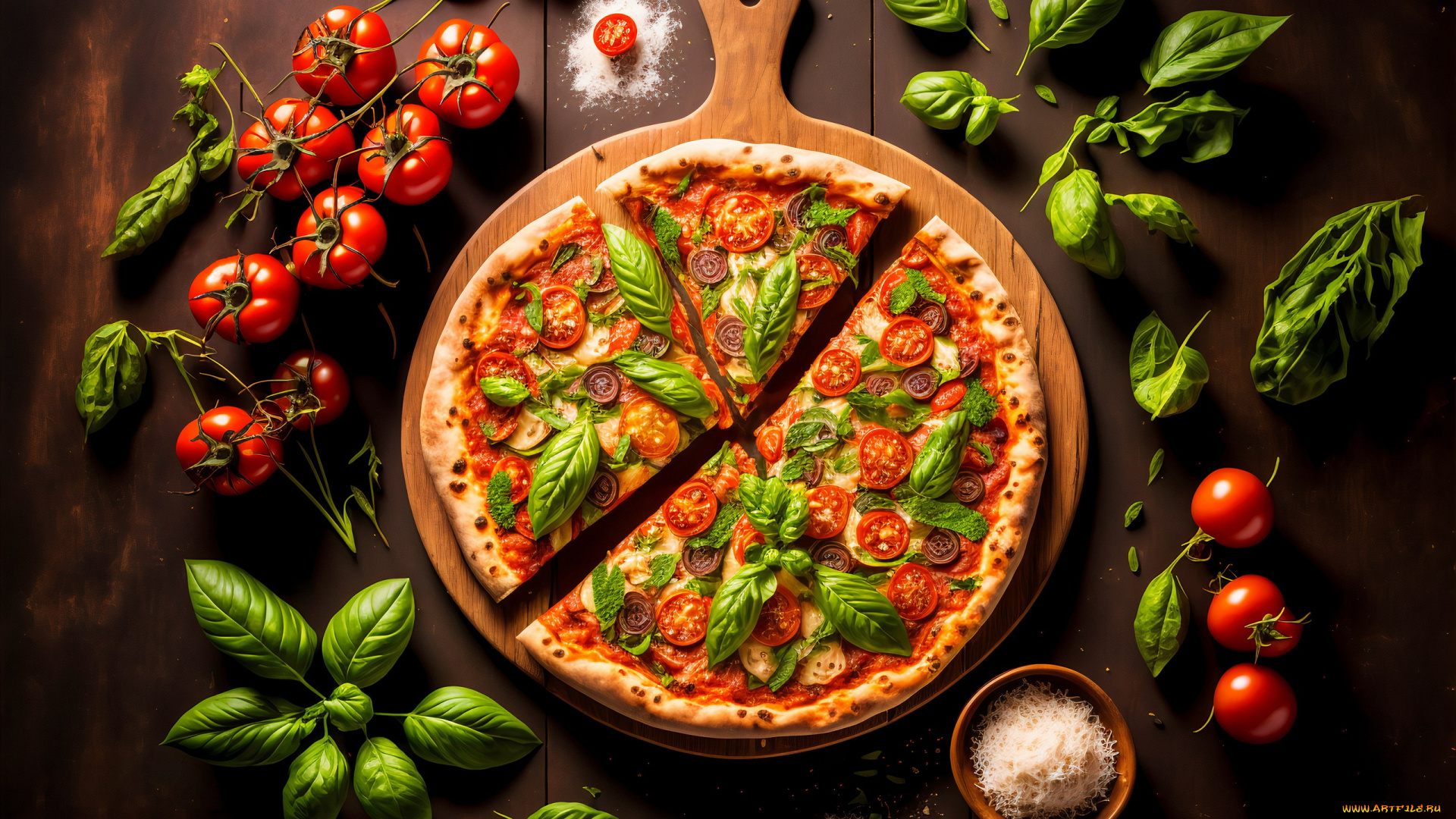 еда, пицца, помидоры, черри, соль, сыр, базилик