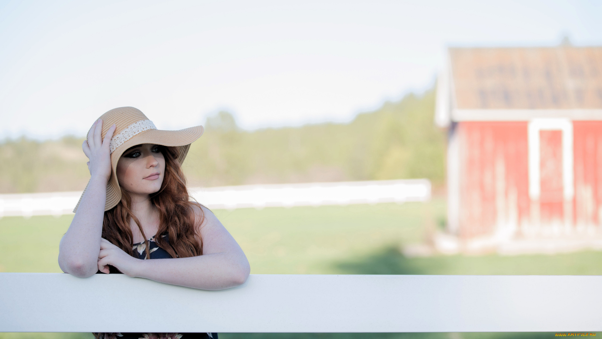 девушки, -, лица, , портреты, рыжая, шляпа, ограда