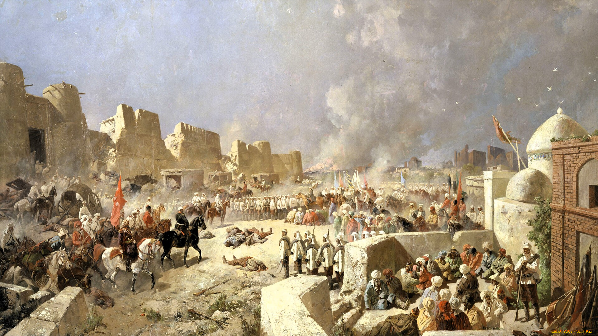 рисованное, живопись, город, войска, захват