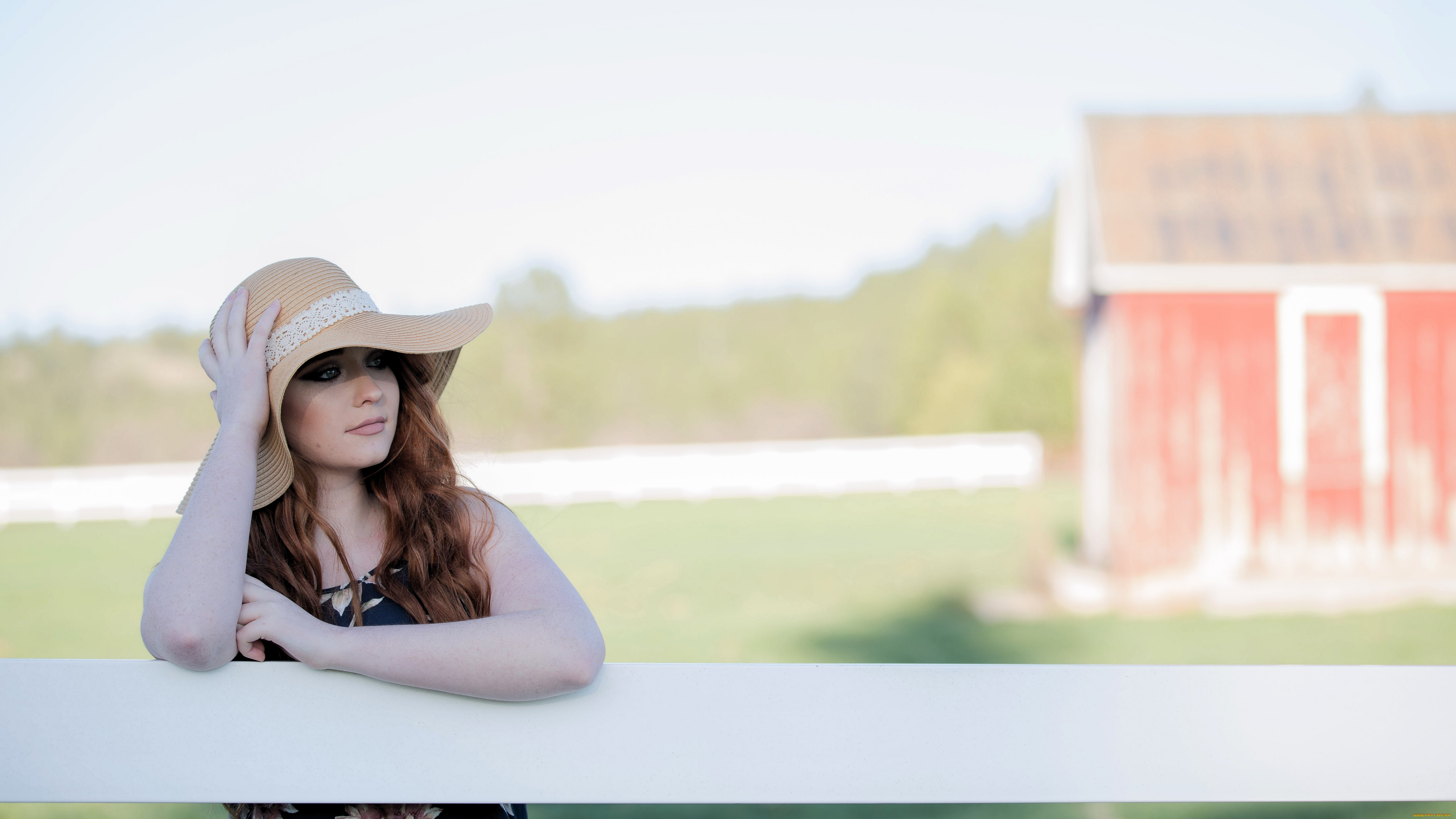 девушки, -, лица, , портреты, рыжая, шляпа, ограда