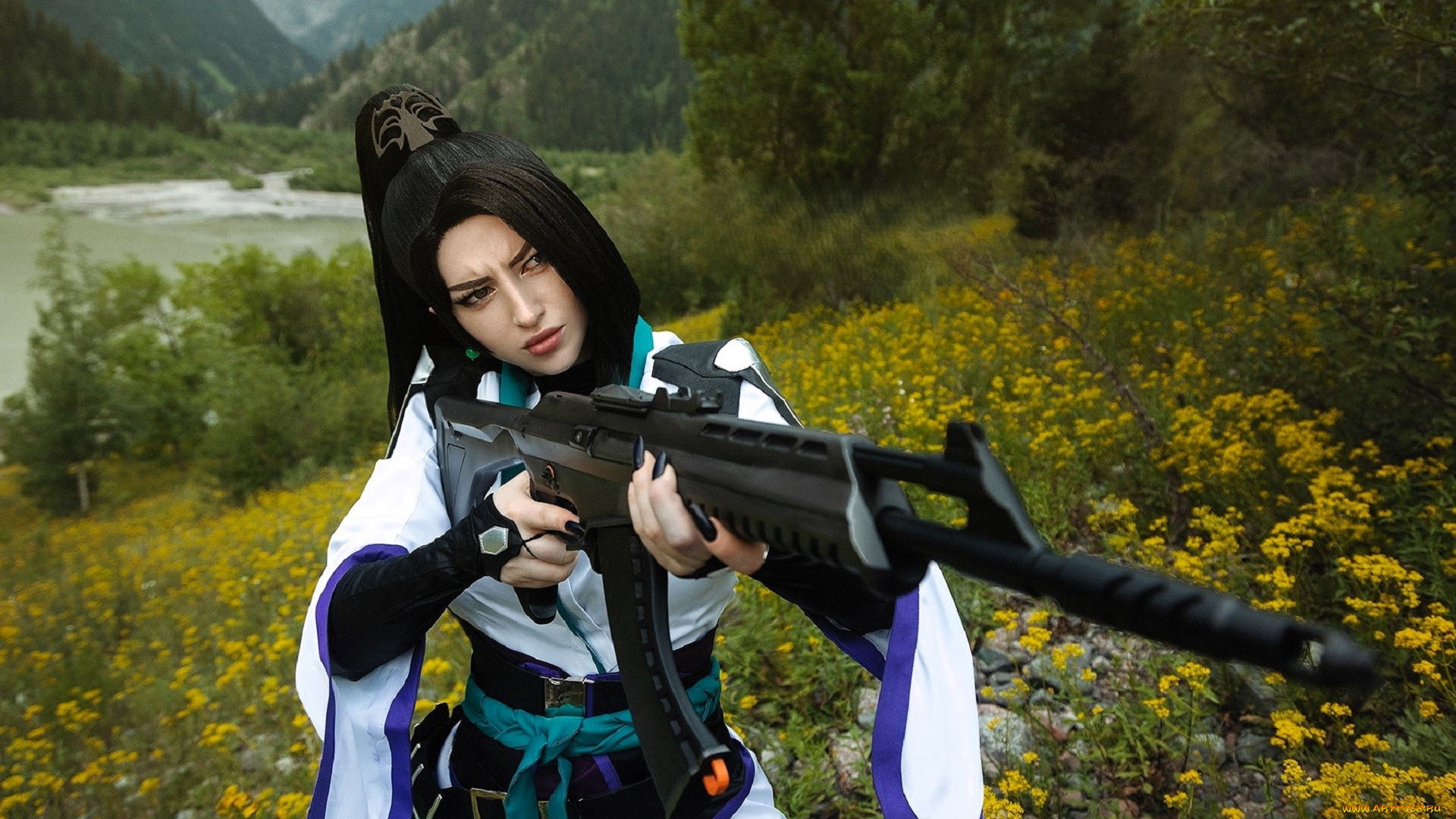 девушки, мария, давыдова, , lady, melamory, образ, косплей, наряд, оружие, цветы, луг, река, горы, лес