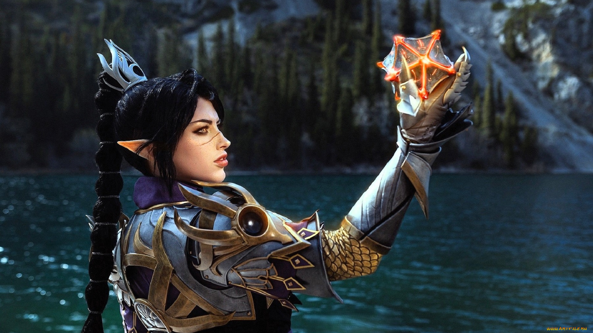 девушки, мария, давыдова, , lady, melamory, образ, косплей, коса, наряд, броня, кристалл, озеро, горы, деревья