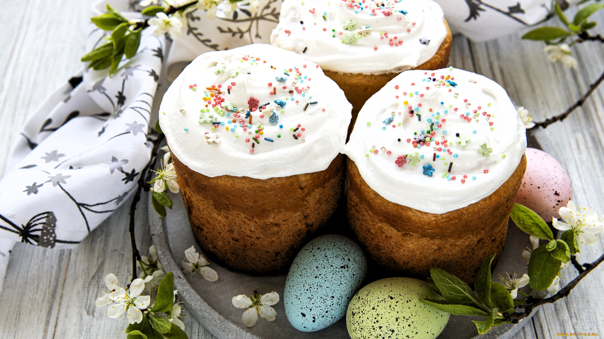 праздничные, пасха, куличи, тарелка, полотенце, ветки, цветение, яйца