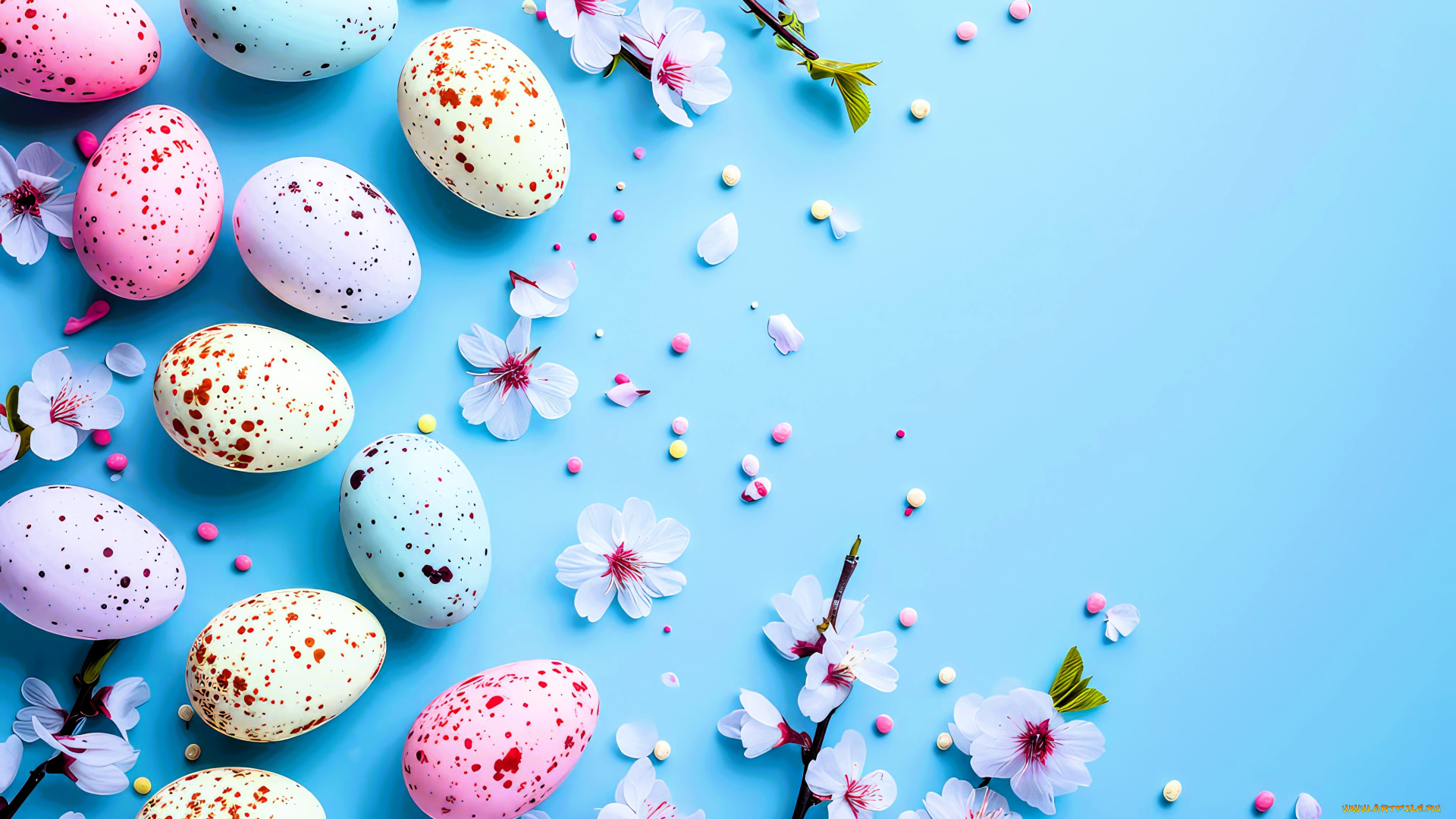 праздничные, пасха, яйца, ветки, цветы