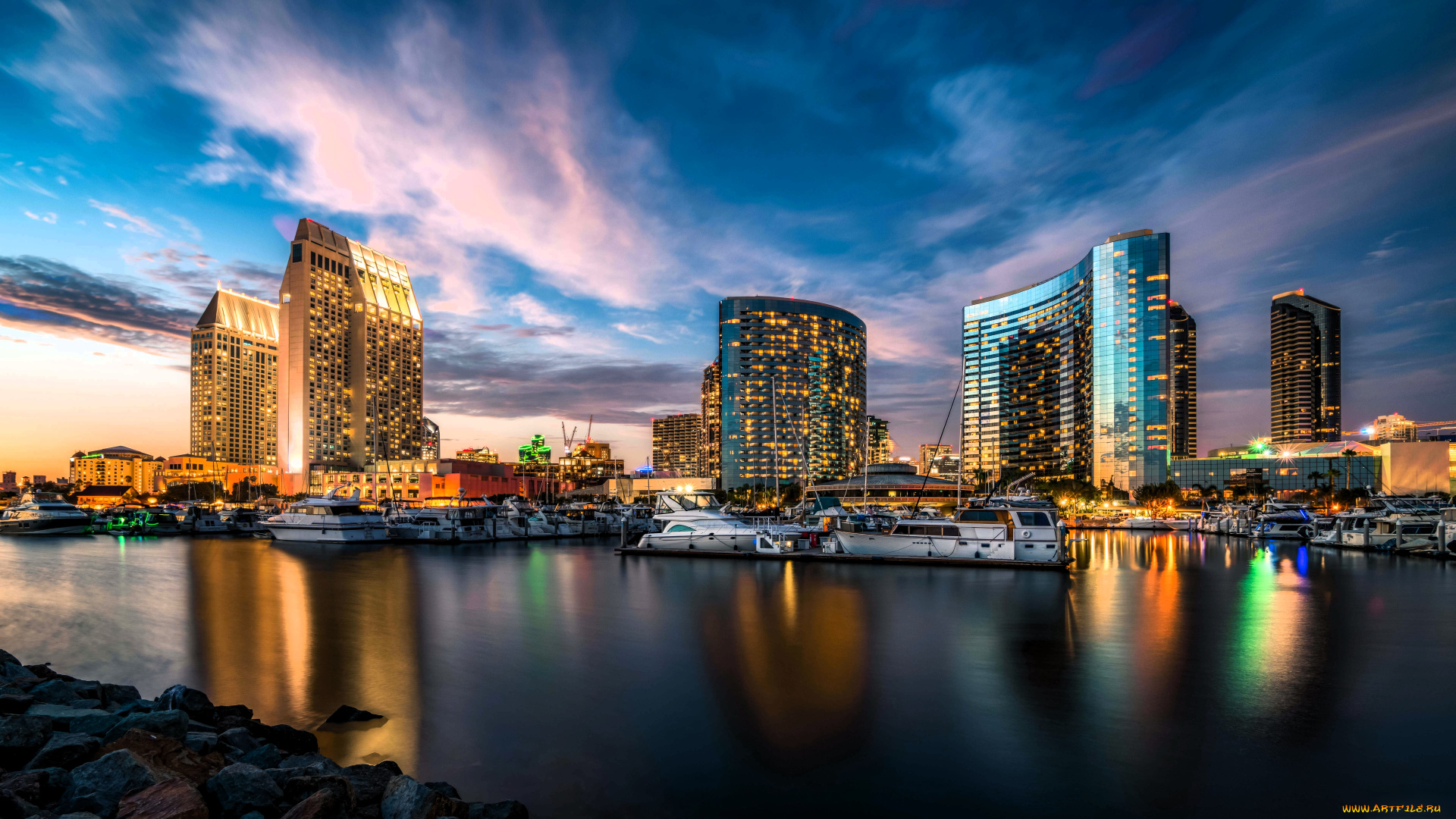 сан-диего, города, сан-диего, , сша, дома, здания, огни, яхта, бухта